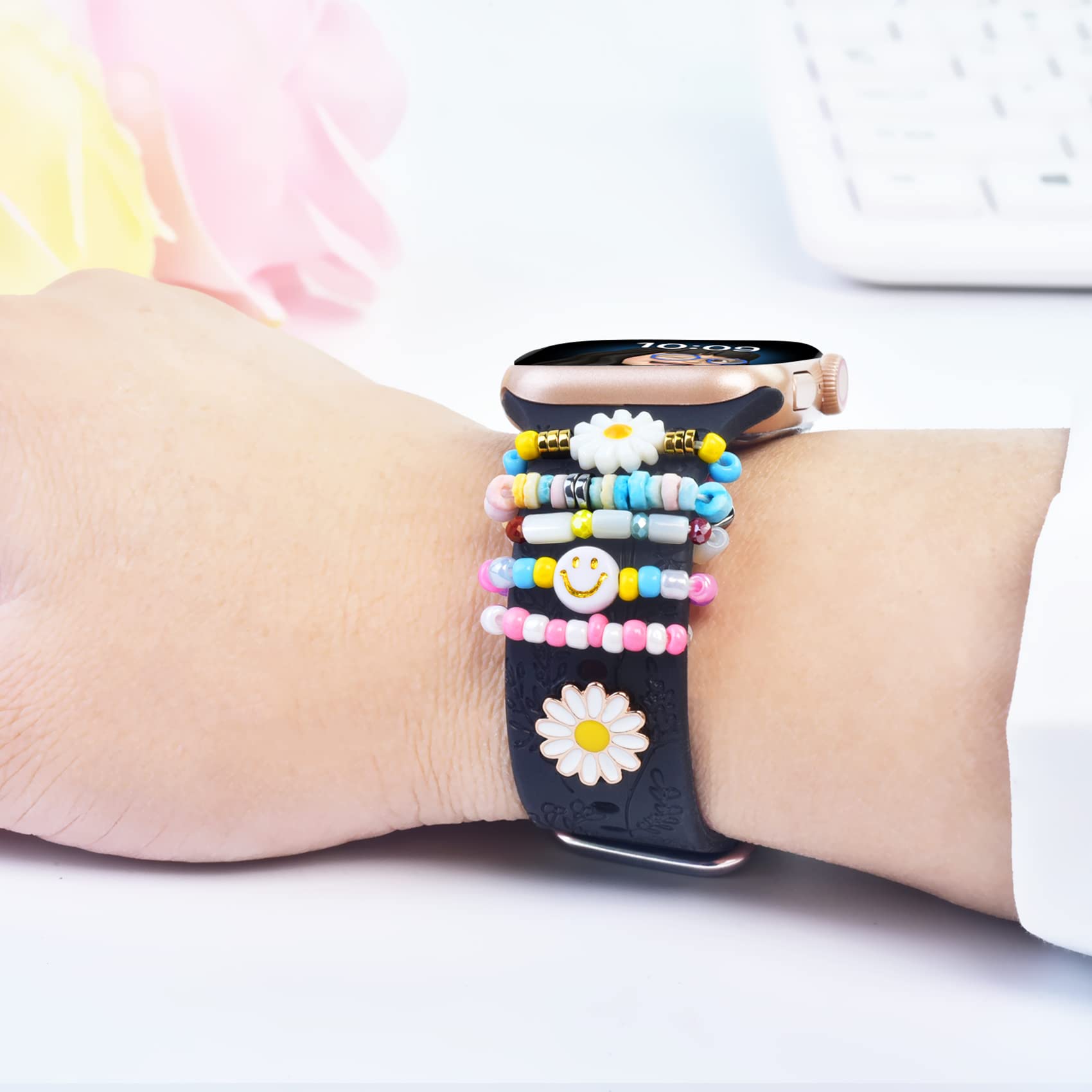 Floral Engraved Apple Watch Bands 38mm 40mm 41mm - Soft Silicone Replacement Strap for iWatch Series SE 8 7 6 5 4 3 2 1 - Women's Sport Wristband with Charms - Perfect for Workouts, Daily Wear & Fashion Accessories
