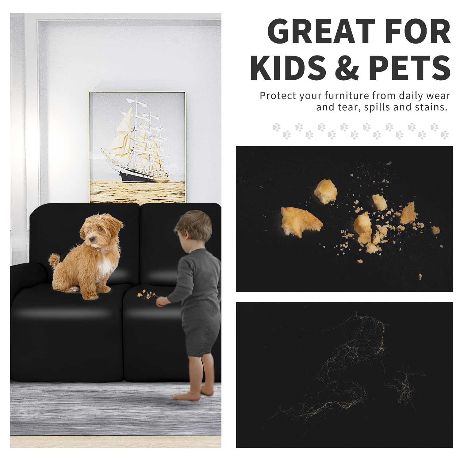 Waterproof Stretch Sofa Covers - 8 Piece PU Leather Recliner Slipcover Set with Elastic Straps - Furniture Protector for Pets & Kids - Black - Perfect for Living Room, Family Room & Pet-Friendly Homes