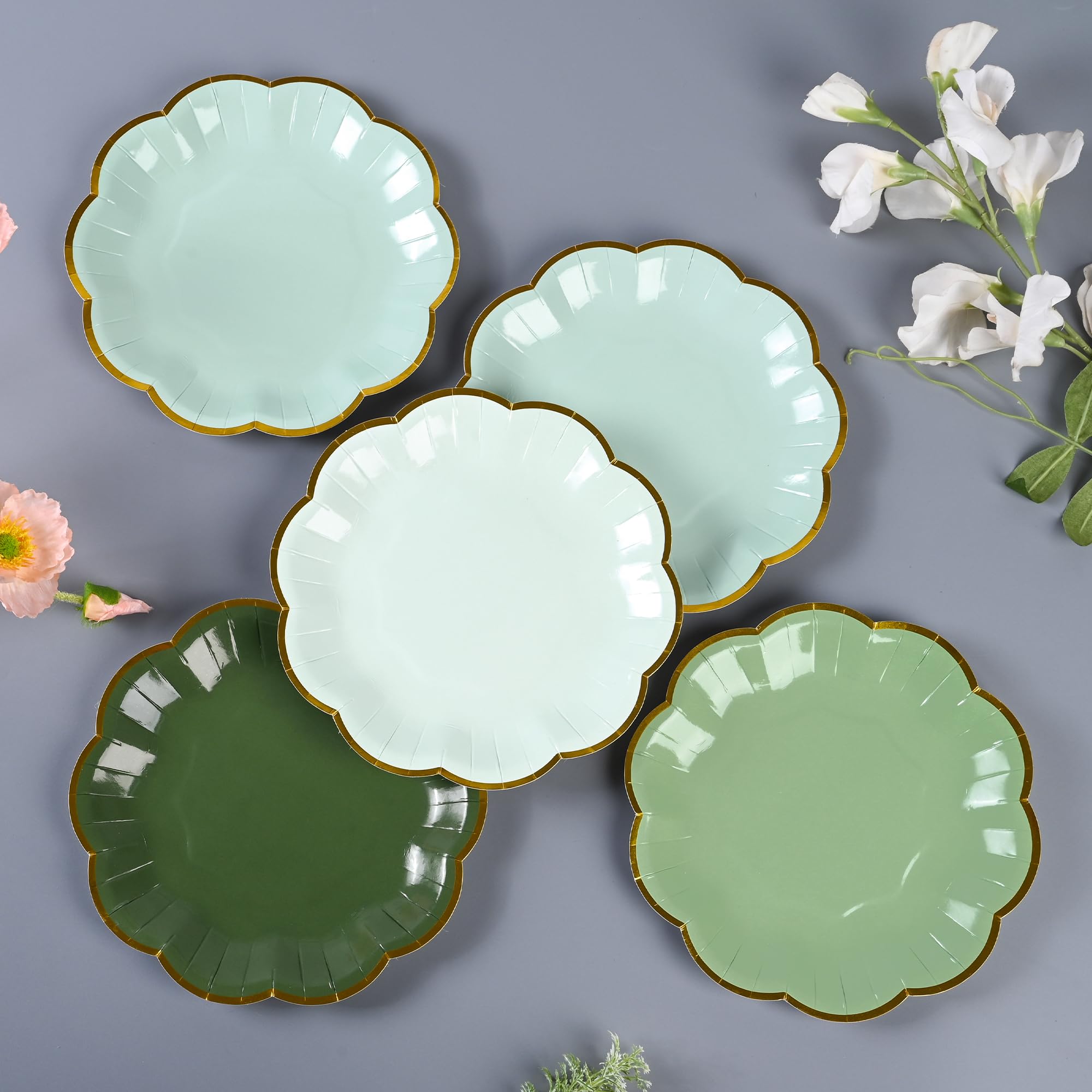 **Elegant Sage Green Disposable Cake Plates - 7 Inch Gold Foil Scalloped Edge Dessert Plates for Birthday, Bridal, Baby Shower & Wedding Party Supplies (24-Pack) - Perfect for Elegant Celebrations & Special Events**