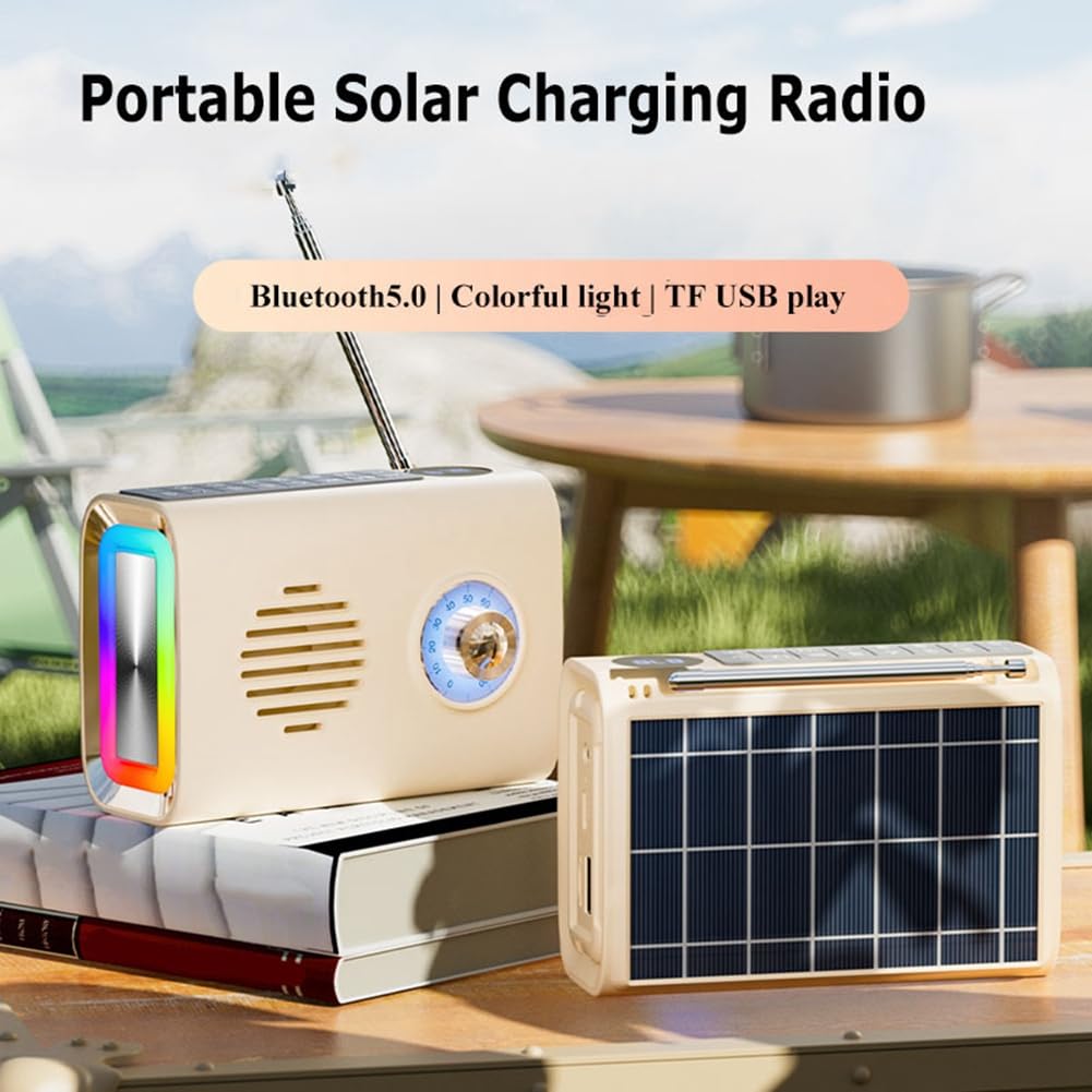 Jeenuuder Mini Portable FM Radio with Bluetooth Speaker - Solar Powered, Hands-Free Calling, Colorful LED Light - Perfect for Outdoor Camping, Hiking, and Emergency Preparedness