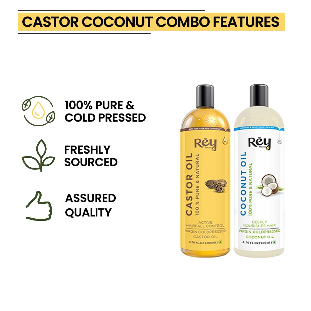 Rey Naturals Cold Pressed Castor & Virgin Coconut Hair Oil - 200ml x 2 | Natural Hair Growth Treatment for Men & Women | Controls Hair Fall, Nourishes Eyebrows & Eyelashes | Hydrates Scalp & Strengthens Nails | Perfect for Daily Hair Care & Styling Routine
