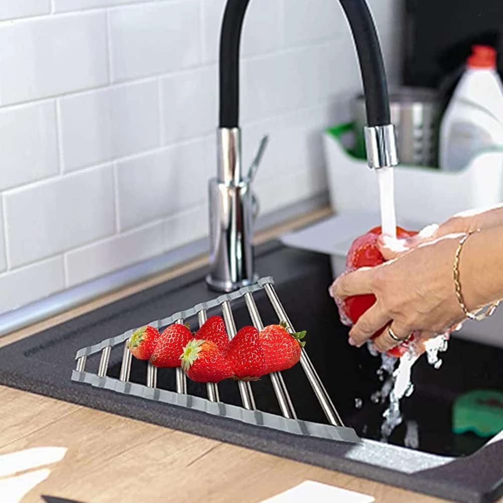 Stainless Steel Triangle Dish Drying Rack for Kitchen Sink Corner - Space Saving Roll Up Drainer Mat for Dishes, Utensils & Sponges - Perfect for Small Kitchens, Apartments & RV Use (Grey)