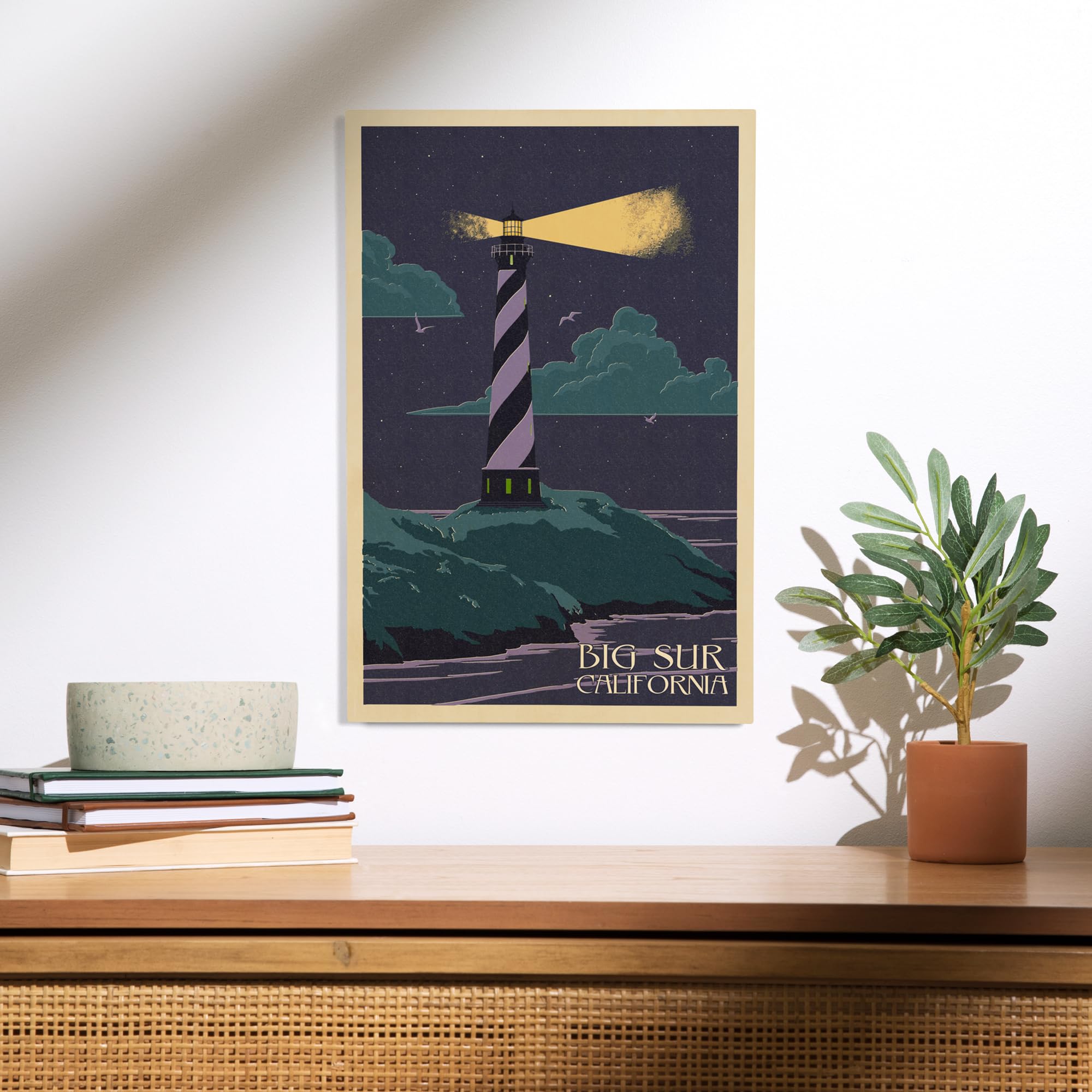 Lantern Press 12x18 Inch Premium Wood Wall Sign - Big Sur California Lighthouse Letter Press Art - Ready to Hang Home & Office Decor for Coastal, Beach House, or Cabin Style