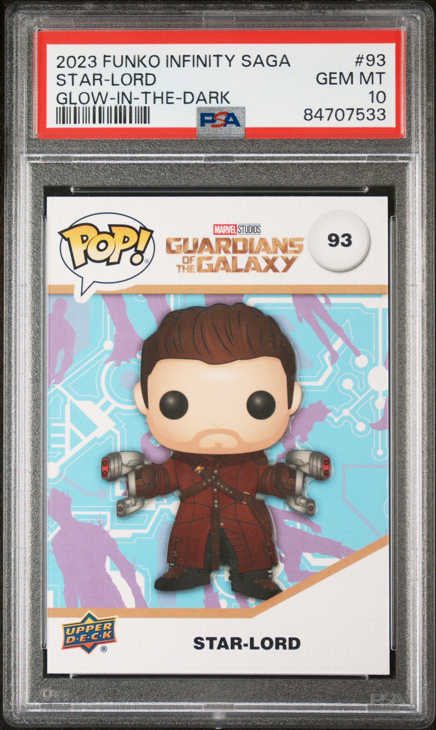 2023 Upper Deck Funko Pop Marvel Star-Lord Glow in The Dark #93 PSA 10 Graded Collectible - Perfect for Marvel Fans, Display & Investment