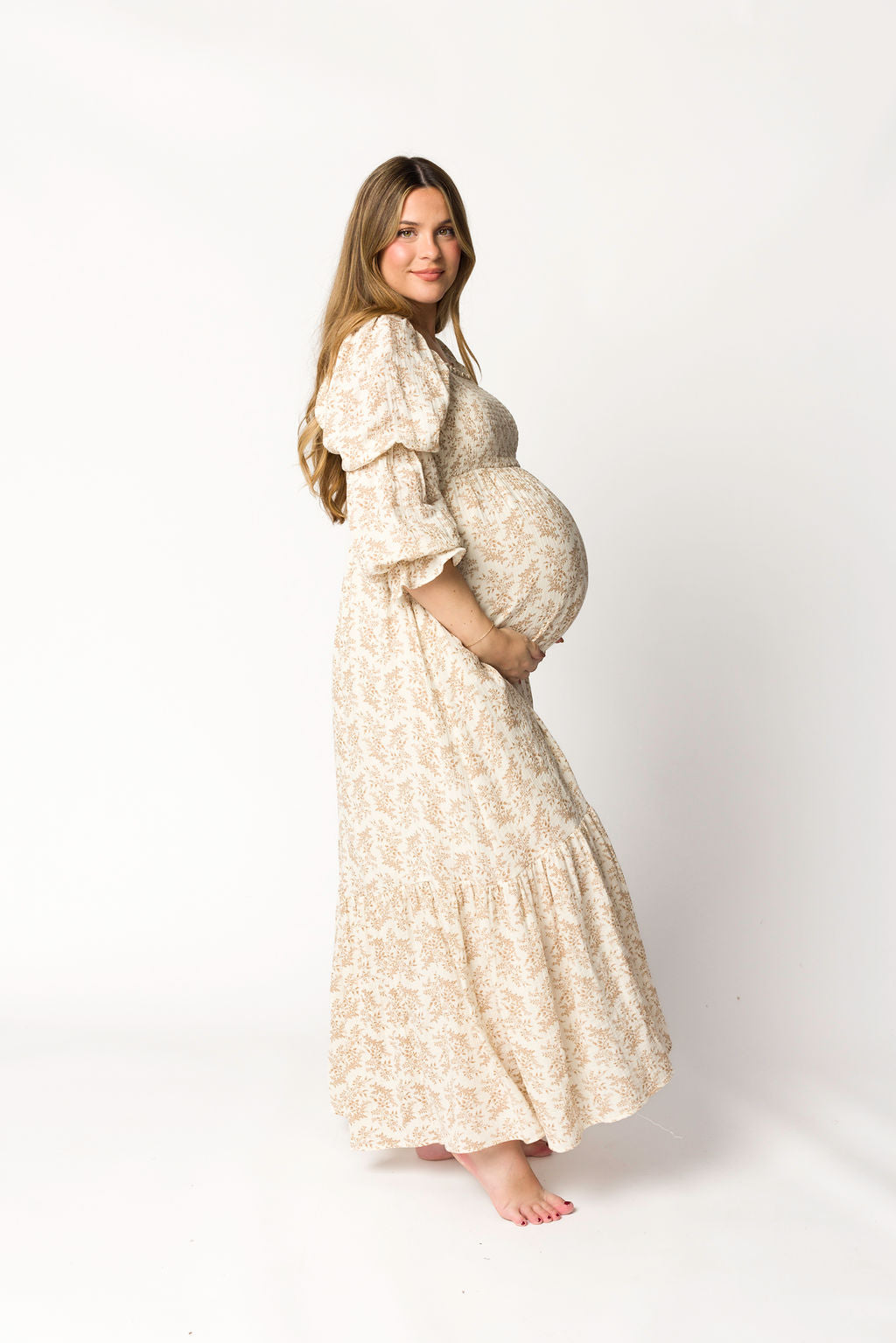 Emerson 100% Cotton Gauze Maxi Dress - Natural/Tan Floral Print, Bump Friendly Maternity Dress for Women | Perfect for Summer Beach, Pregnancy Photos & Boho Chic Outfits