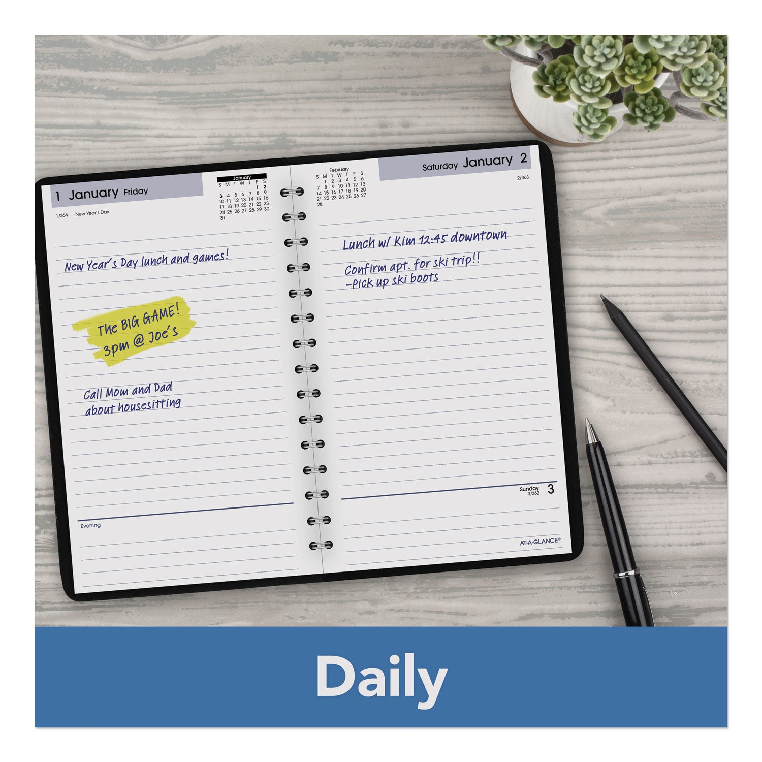 AT A GLANCE® DayMinder Daily Appointment Book 2025 - 8 x 5 Inch Black Cover 12-Month Planner (January to December) - Perfect for Business Scheduling, Personal Organization & Time Management