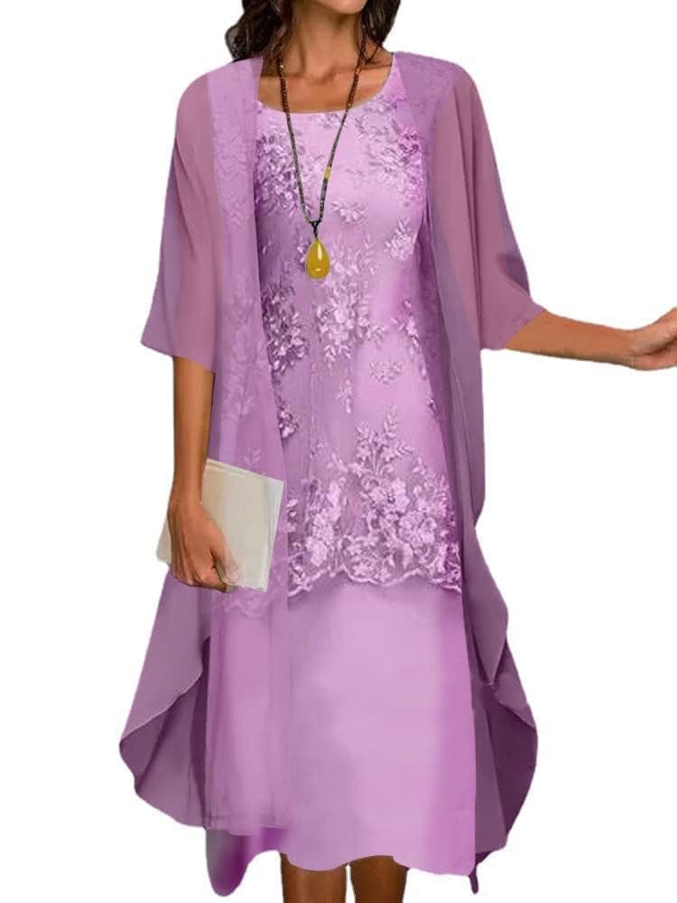Elegant Floral Chiffon Midi Dress 2-Piece Set with Jacket for Women - Summer Cocktail Party, Wedding Guest & Special Occasion Outfit (Size 2XL) | Flowy 3/4 Sleeve Round Neck Dress for Bridal Shower, Garden Party & Formal Events