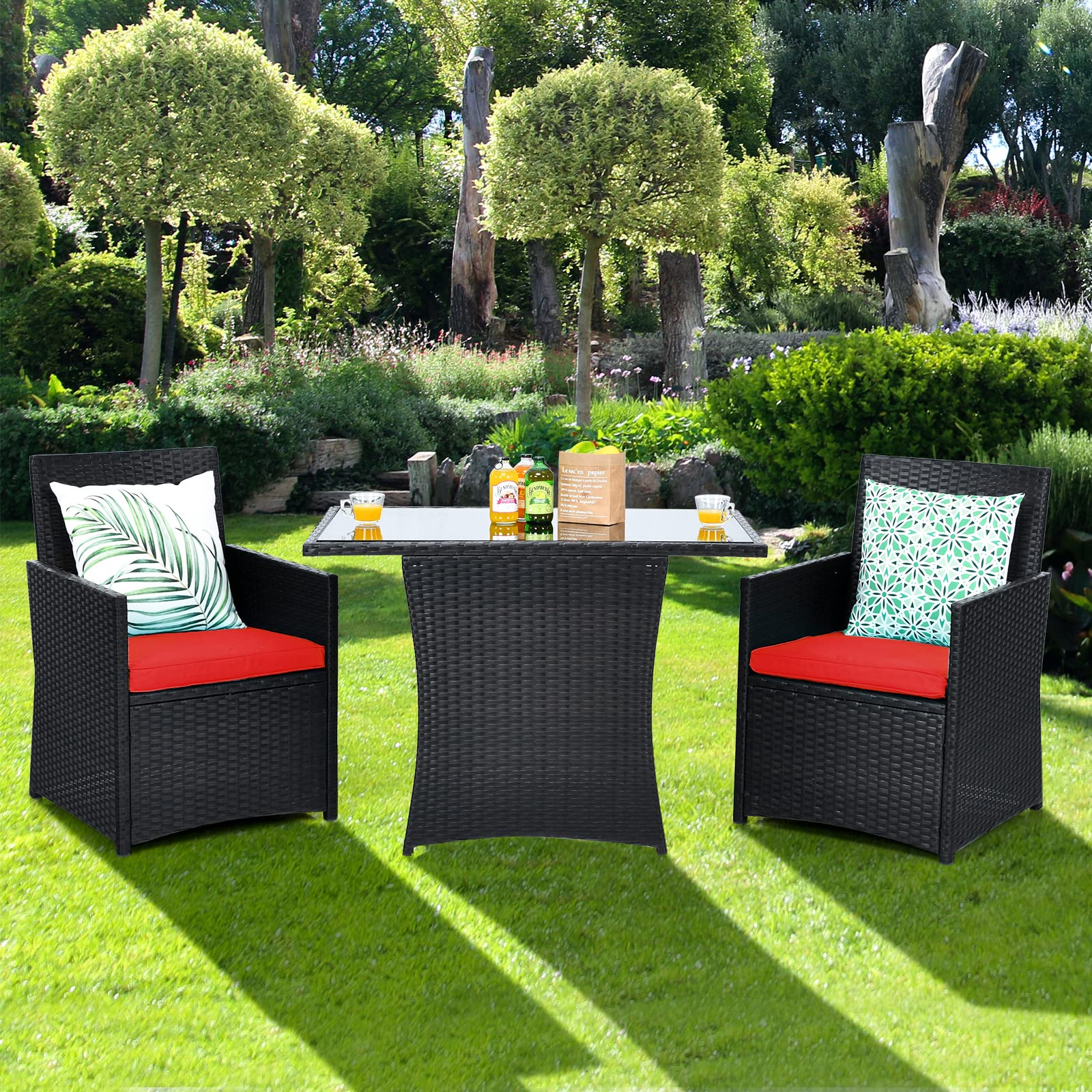 HappyGrill 3-Piece Outdoor Wicker Bistro Set - PE Rattan Dining Table with Cushioned Chairs, Patio Conversation Set for Backyard, Porch, Garden & Poolside - Perfect for Outdoor Dining, Relaxing & Entertaining Guests