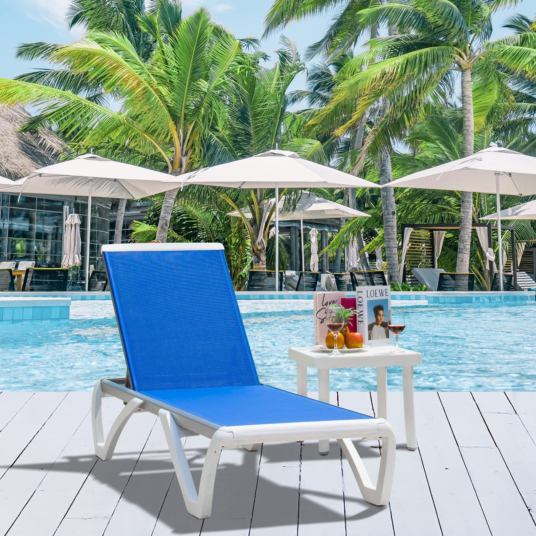 **Domi Adjustable Aluminum Pool Lounge Chair - All-Weather Outdoor Chaise Lounge with Side Table - Textilene Fabric for Deck, Lawn, Backyard & Poolside Relaxation (Blue)**