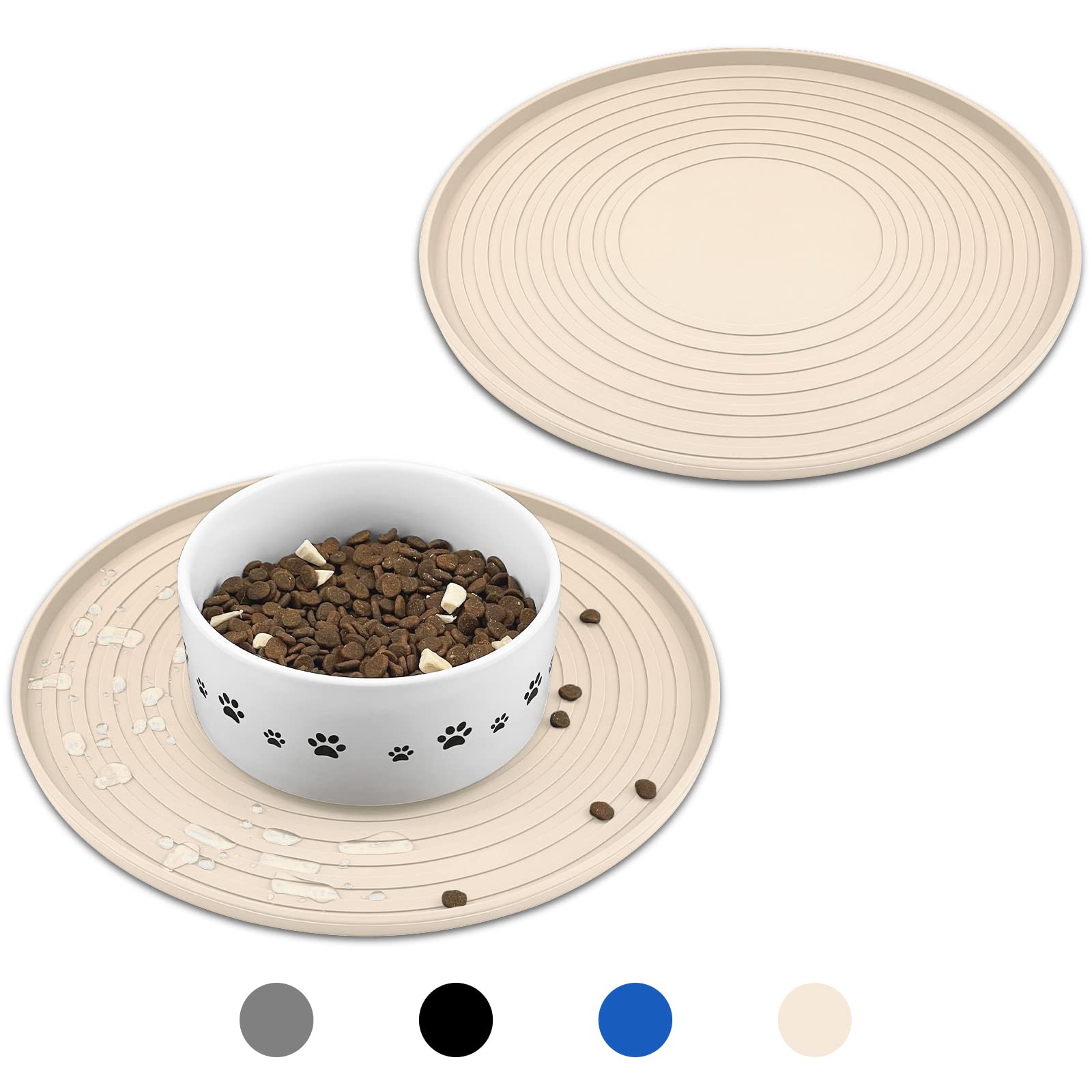 Non-Slip Waterproof Silicone Pet Feeding Mat for Dogs & Cats - 2 Pack Dog Bowl Mats for Food & Water - Small/Medium Pets Puppy Tray Mat Prevents Spills & Residues on Floor (Beige) - Perfect for Kitchen, Dining Area & Travel Use
