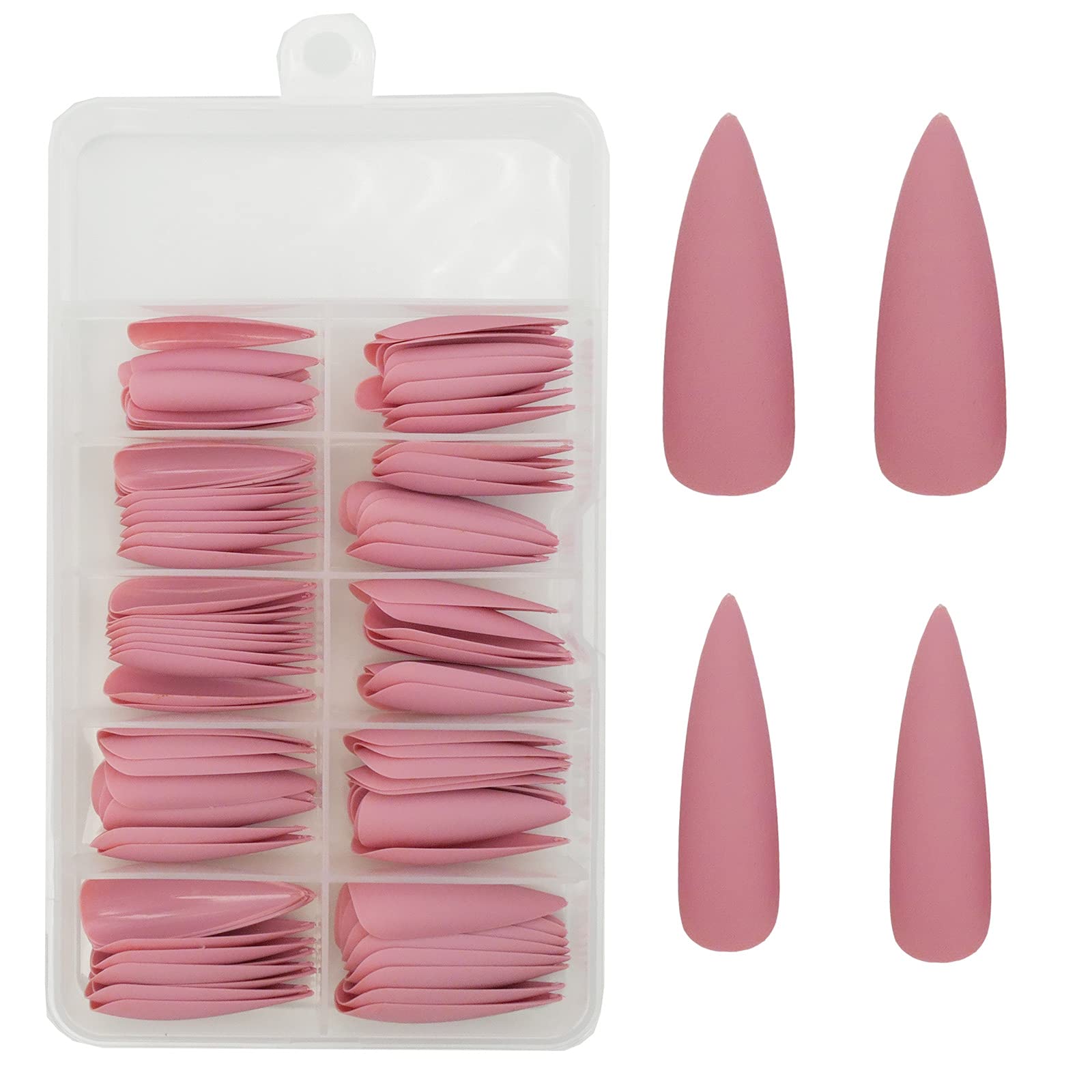 LoveOurHome 100pc Long Stiletto Press-On Nails - Matte Fake Nails, Pointy Acrylic Nail Tips for Women & Girls | Full Cover Artificial Fingernails in Pink | Perfect for Parties, Weddings & Special Occasions