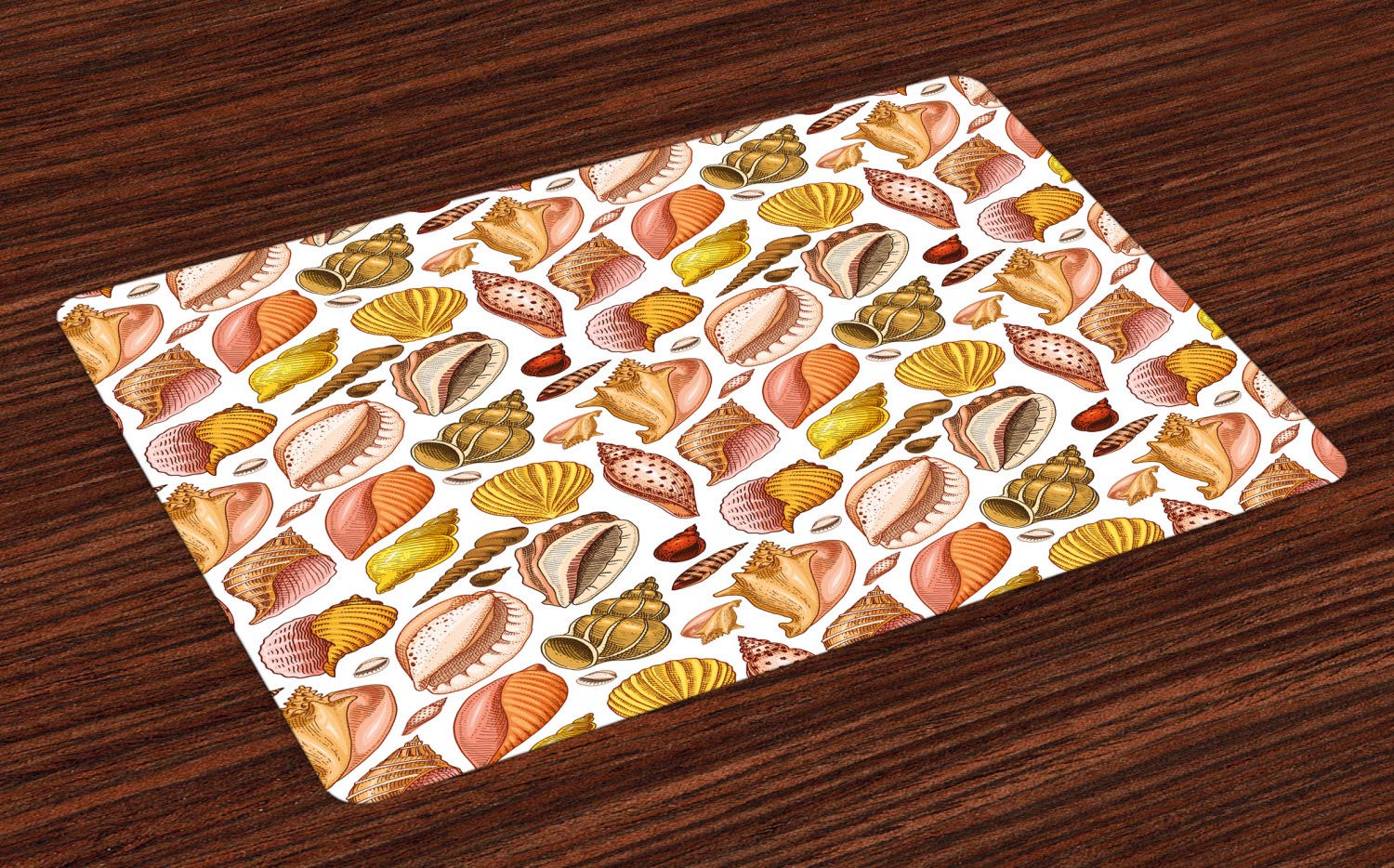 Lunarable Nautical Place Mats Set of 4 - Sea Shells & Starfish Beach Theme Washable Fabric Dining Table Mats, Standard Size (Earth Yellow & Peach) - Perfect for Coastal Decor, Cottage Dining, and Beach House Entertaining