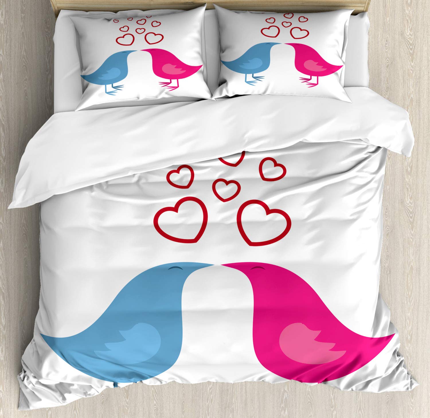 Ambesonne Love Duvet Cover Set - Queen Size 3 Piece Bedding with 2 Pillow Shams, Romantic Beak Birds & Heart Symbols Design on White Hot Pink Blue Background | Perfect for Couples Bedroom, Valentine's Day Gift & Home Decor