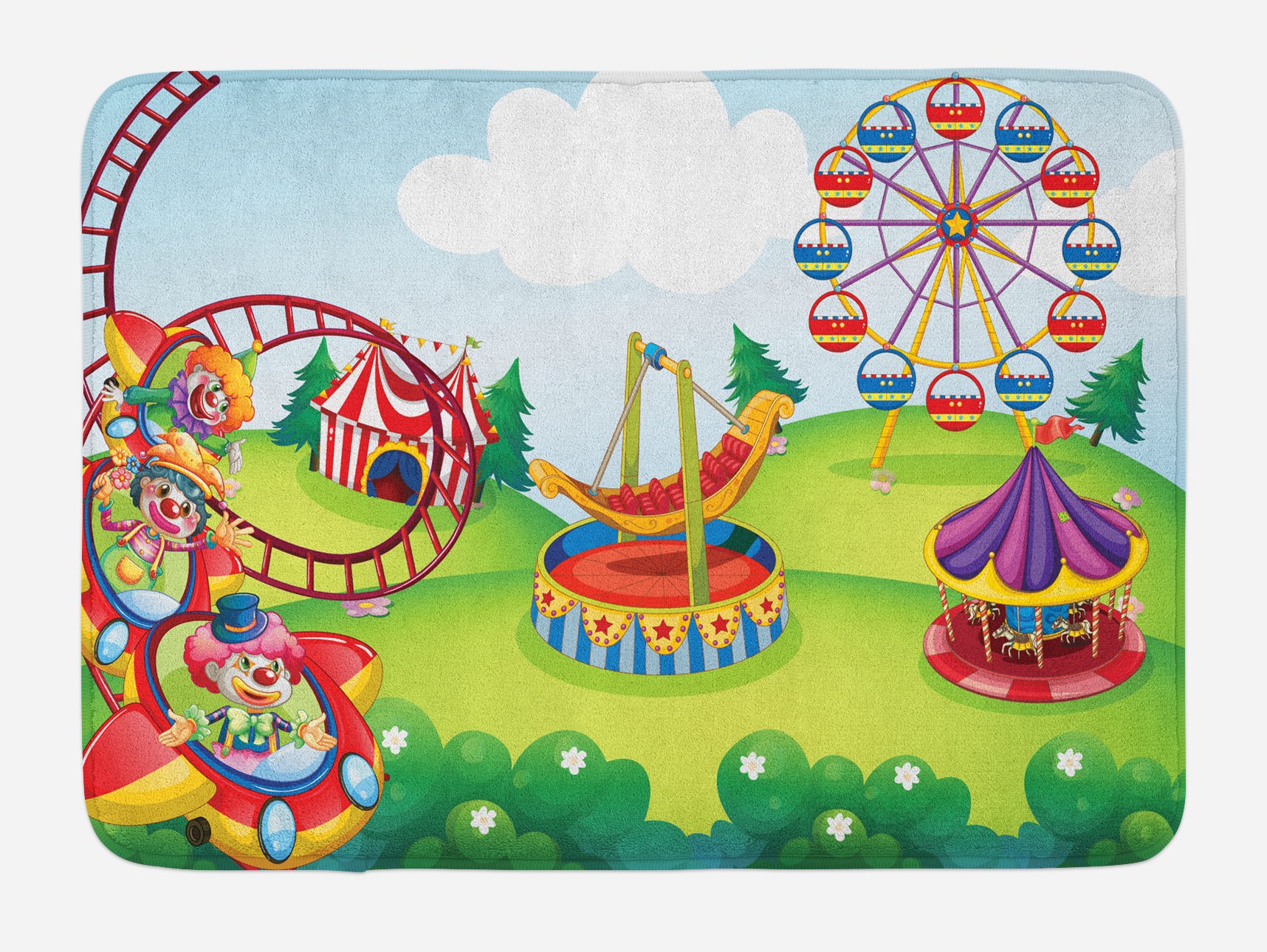 Ambesonne Non-Slip Plush Bath Mat - Circus & Theme Park Design with Carousel, Trees & Forest Pattern, 30.2
