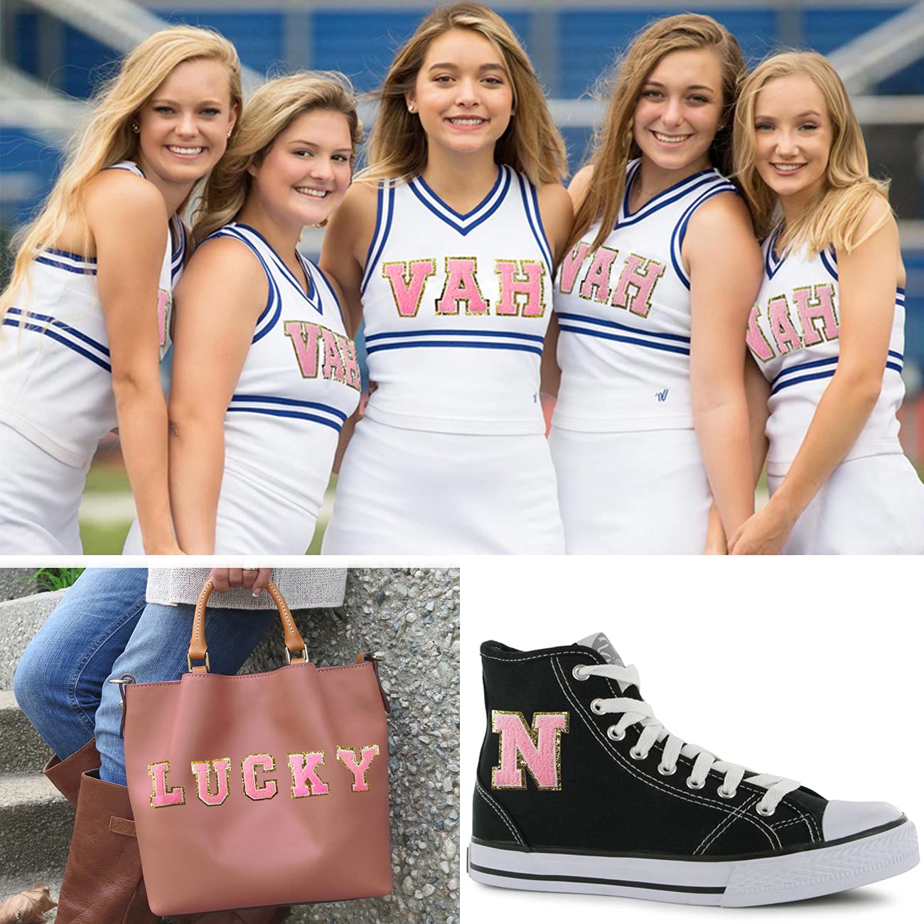 Gold Glitter & Pink Chenille Iron-On Letter Patches - 3 PCS Varsity Initial Patches with Adhesive Backing for Team Costumes, Jackets, Bags & DIY Crafts (3.1 Inch Height) - Perfect for Sports Uniforms, Dance Teams & Personalized Gifts