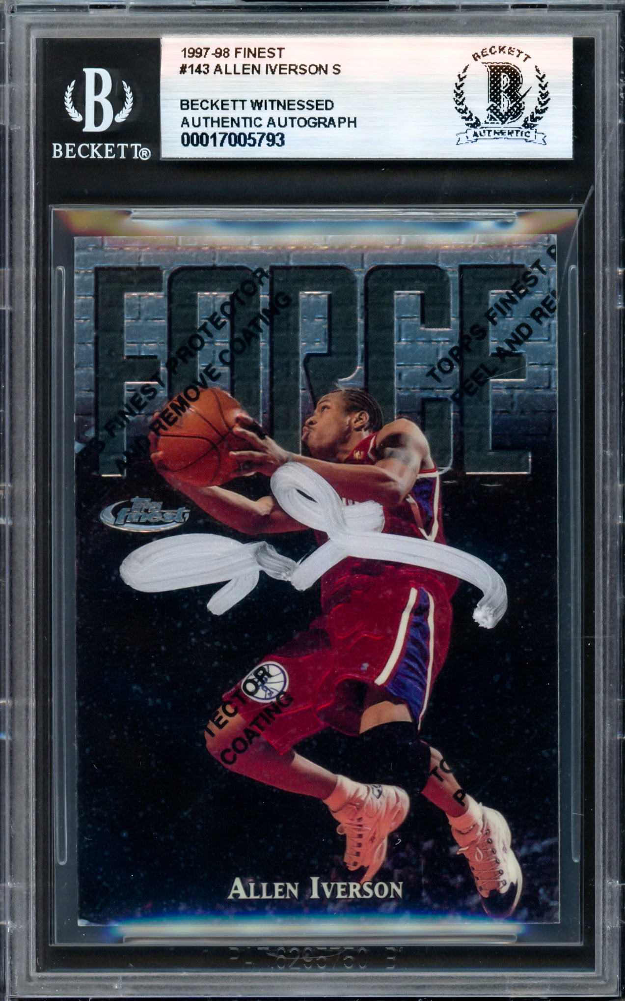 Allen Iverson Autographed 1997-98 Topps Finest Basketball Card #143 Philadelphia 76ers - Beckett BAS Certified #17005793 - Perfect for NBA Memorabilia Collectors & Sports Fans