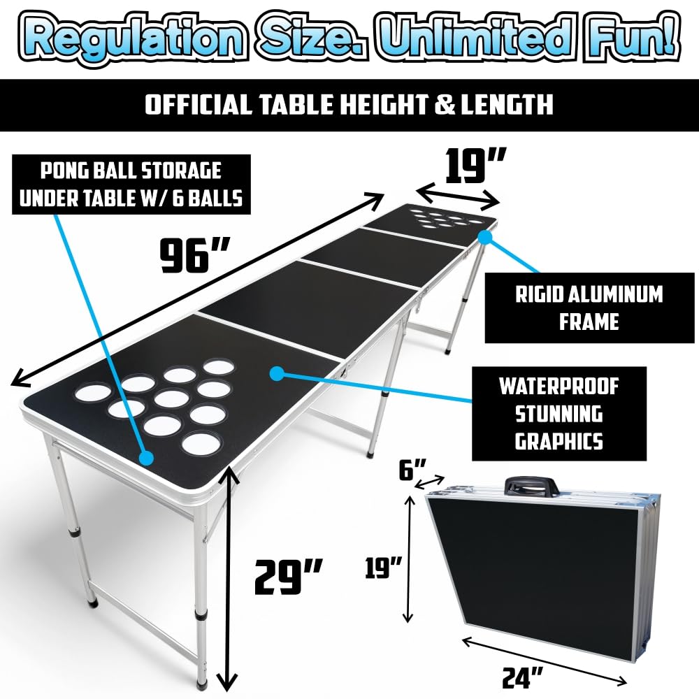 8-Foot Beer Pong Table with Erasable Surface - Includes 6 Erasable Markers, 8 Beer Pong Balls & Optional LED Lights - Perfect for College Parties, Tailgates & Backyard Games (Choose Your Model)