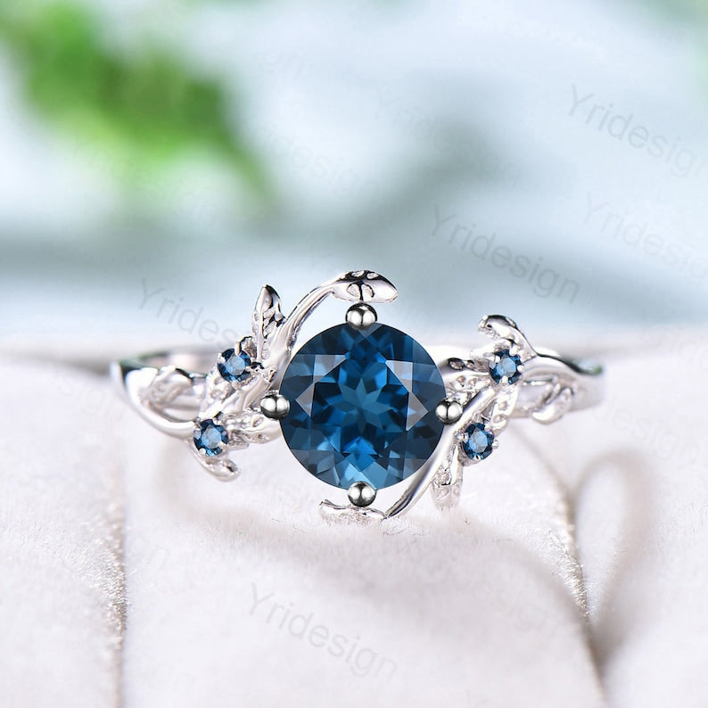 Vintage London Blue Topaz Engagement Ring - Elegant Twig & Leaf Cluster Design, Natural Inspired Branch Wedding Ring for Women | Perfect for Proposals, Anniversaries & Special Occasions