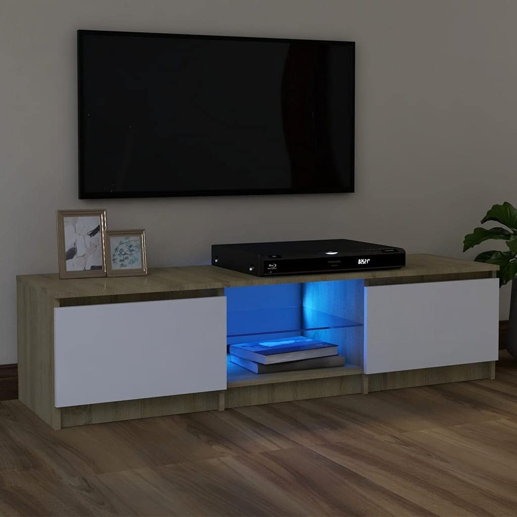 WELLIKEA 47.2 Inch Modern TV Stand with LED Lights - White & Sonoma Oak Wood Entertainment Center (47.2