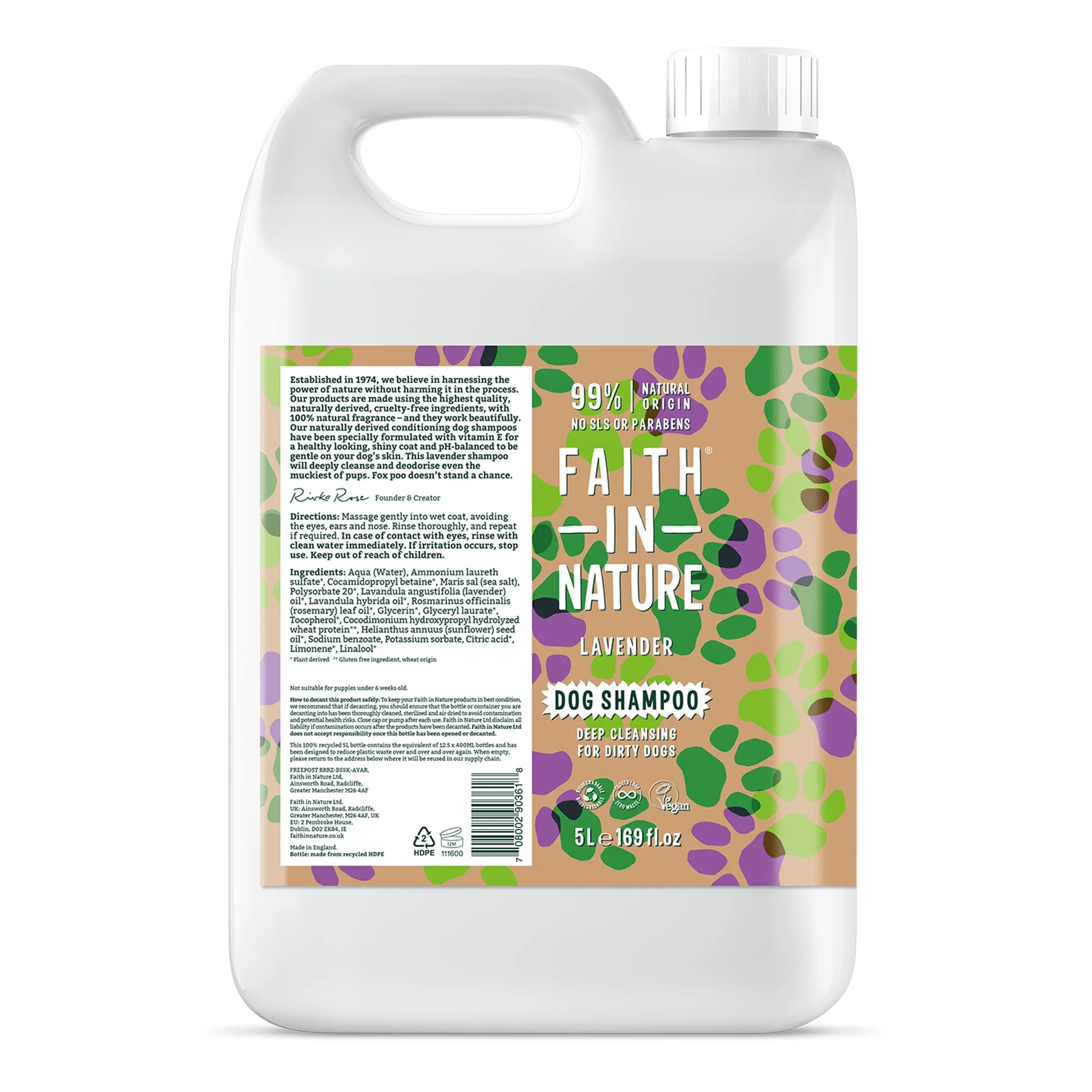 Faith In Nature Lavender Dog Shampoo 5L Refill - Natural & Gentle for Sensitive Skin - Perfect for Bathing, Grooming & Odor Control at Home or Pet Salon