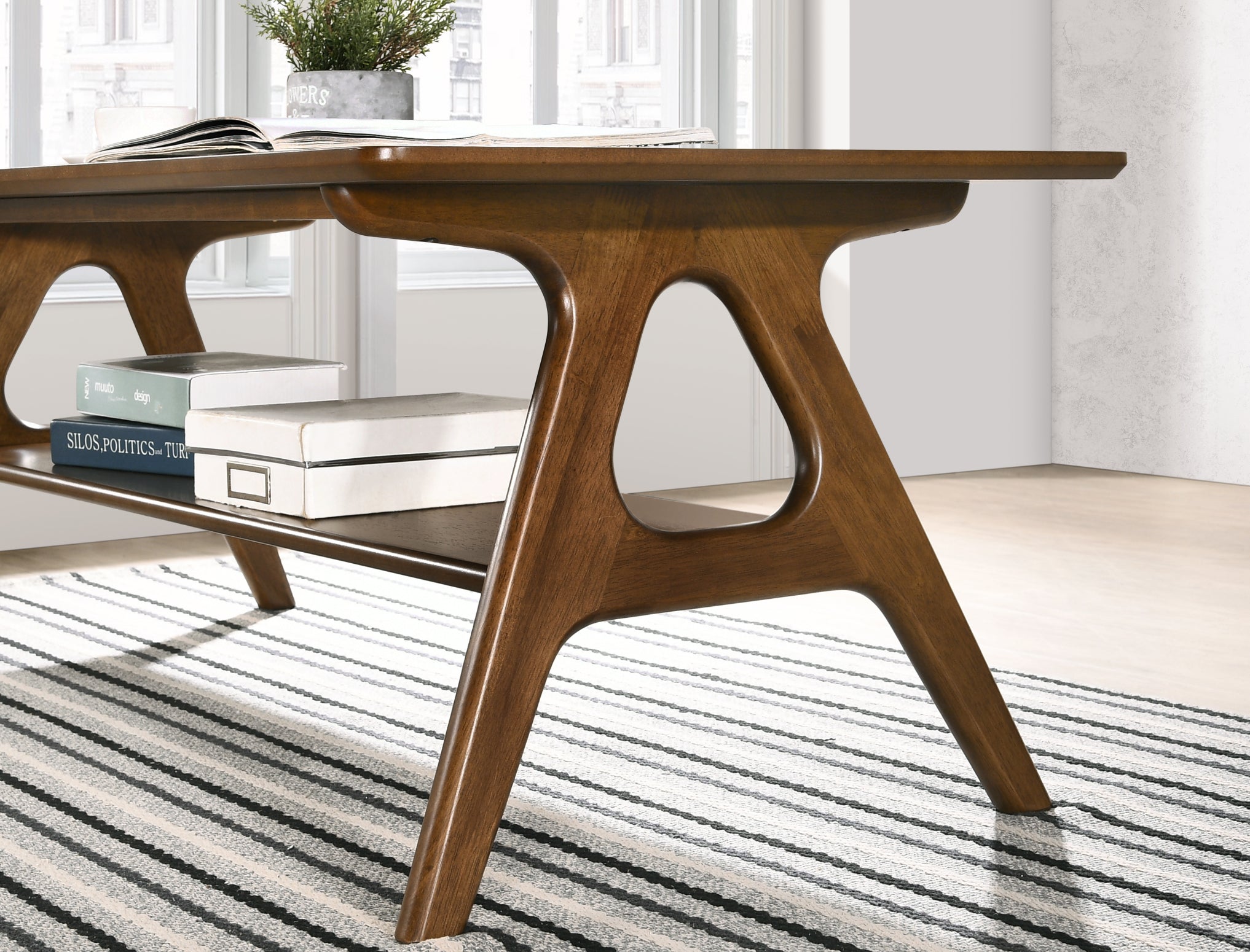 Roundhill Furniture Arona Mid Century Modern Wood Shelf Coffee Table - Stylish Living Room Accent Table for Books & Decor