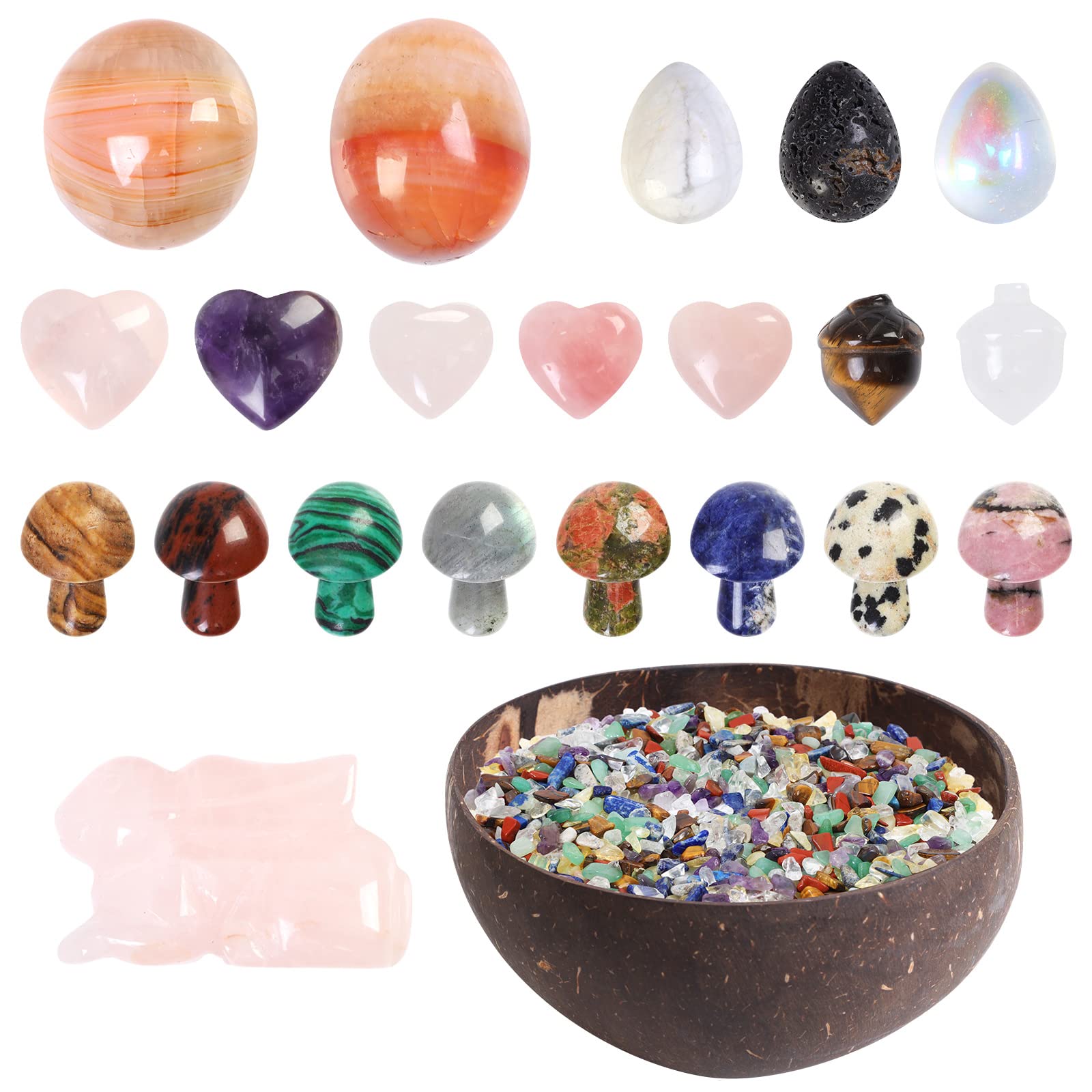 22pcs Bulk Healing Stones and Crystals Set - Mini Tumbled Crystal Mushroom Decor, Heart Shaped Stones, Mixed Chakra Chips & Worry Stones for Anxiety Relief | Meditation, Home Decor, Office Desk, Gift Idea