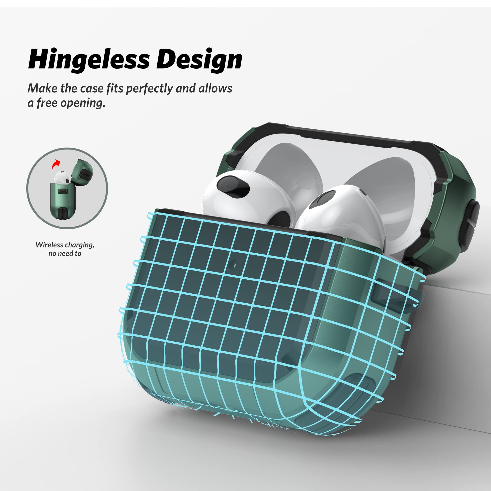 SURPHY Rugged Protective Case for AirPods 3 (2021) - Shockproof Full-Body Cover with Keychain & Visible LED - Compatible with AirPods 3rd Generation - Green - Perfect for Outdoor, Travel & Daily Use