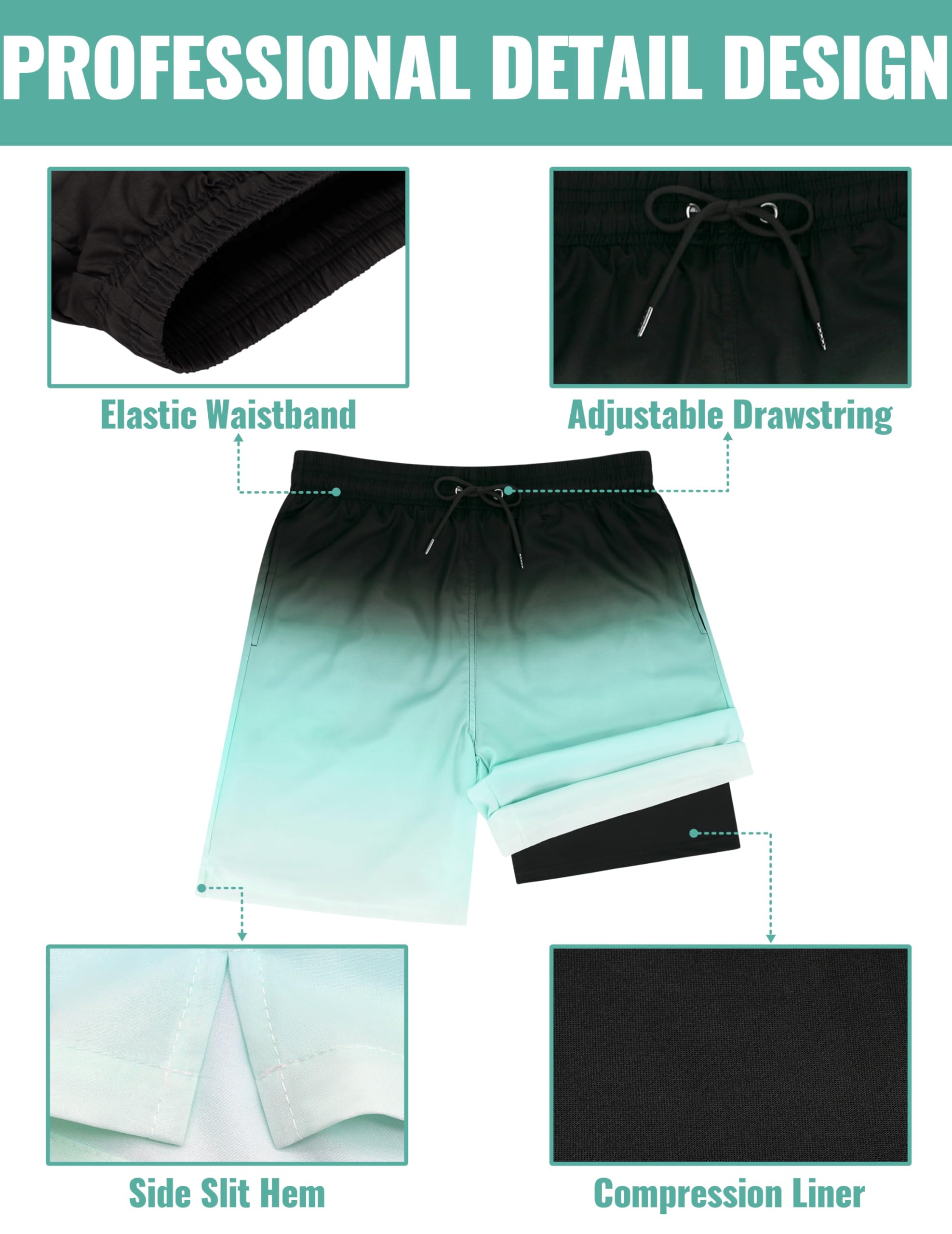 **Men's Quick Dry Swim Trunks with Compression Liner - 9 Inch Board Shorts for Swimming, Surfing & Beach Activities**