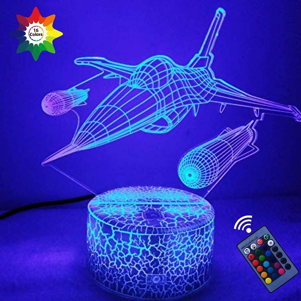 3D Aircraft Night Light with 16 Color Changing LED, USB Power & Remote Control - Touch Switch Desk Lamp for Kids Room, Bedroom Decor & Home Office Lighting