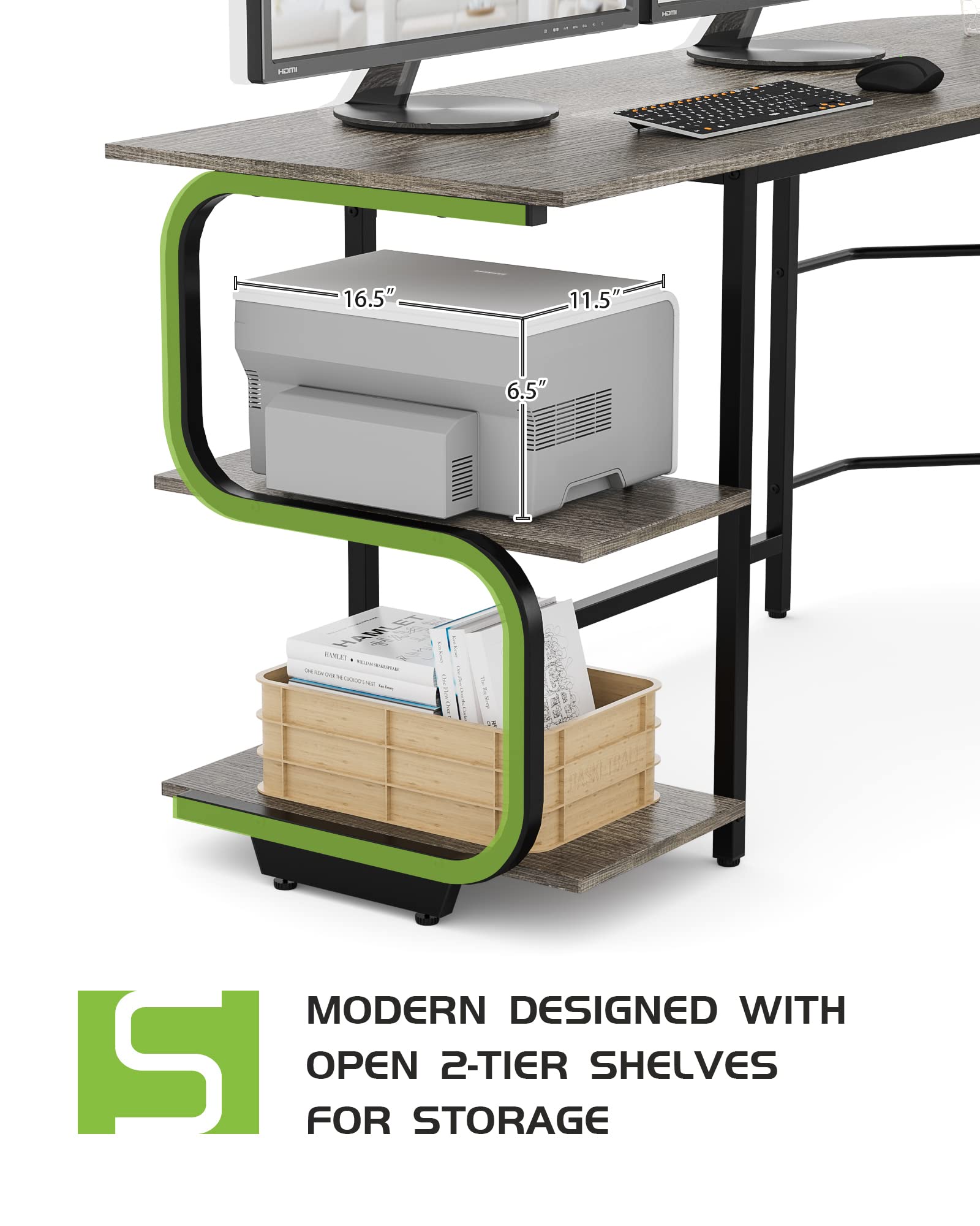 Teraves 69 Inch Reversible L-Shaped Desk with Large Surface & Storage Shelves - Sturdy Corner Computer Desk for Home Office, Gaming & Workstation | Perfect for Small Spaces & Multi-Monitor Setups