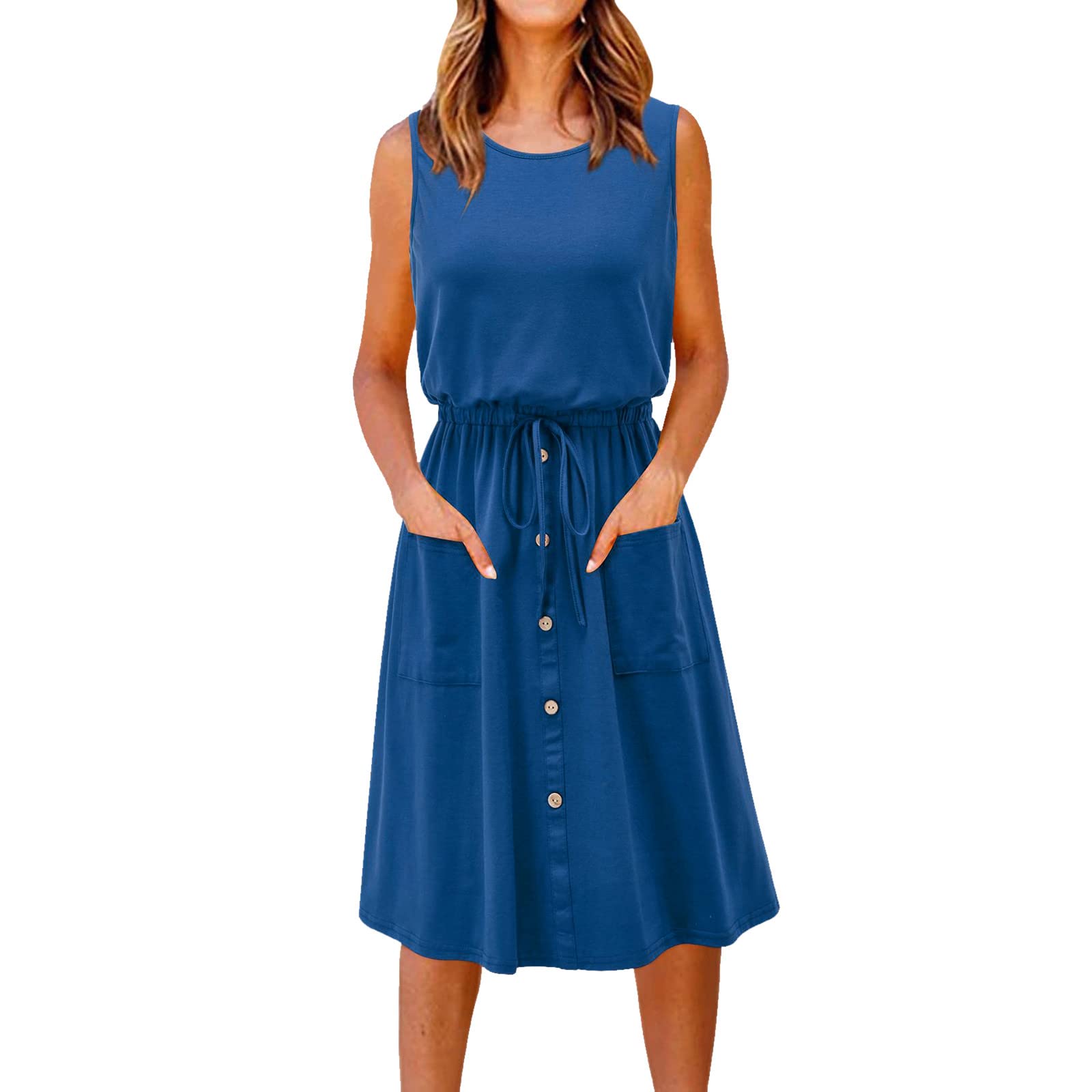 Women's Summer Dresses 2022 - Round Neck Strappy Button Pocket Midi Swing Dress for Beach Vacation & Casual Wear | Perfect for Summer Holidays, Outdoor Parties & Date Nights