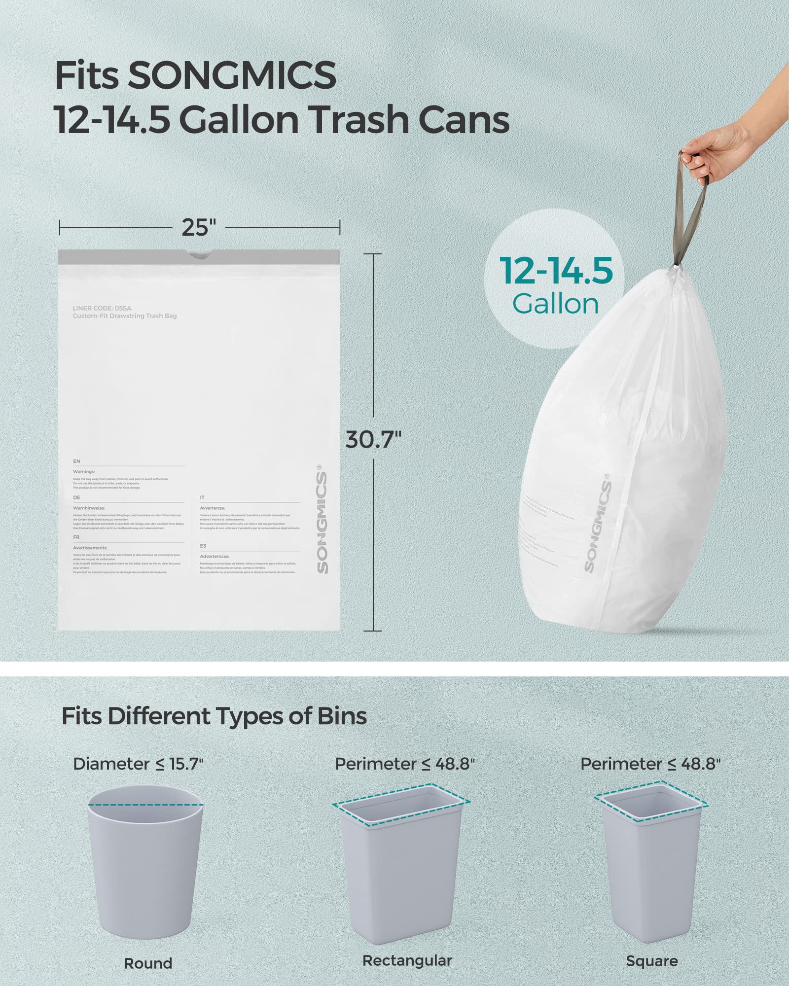SONGMICS 12-14.5 Gallon Trash Bags, 40 Count Drawstring Garbage Bags for Kitchen, Bathroom & Office - White (UKRB055A01) - Durable Waste Bin Liners with Secure Closure