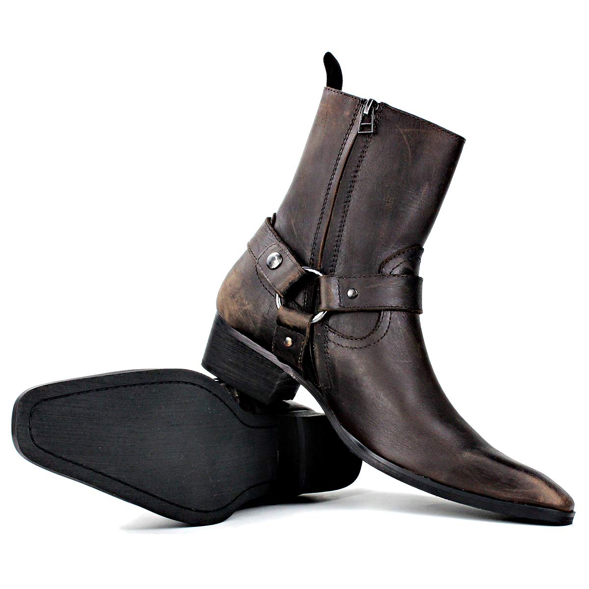 OSSTONE Men's Leather Chelsea Ankle Boots - Side Zipper Chukka Motorcycle Boots with Retro Heel (JY017-R) | Dress Boots for Casual Wear, Riding & Night Out
