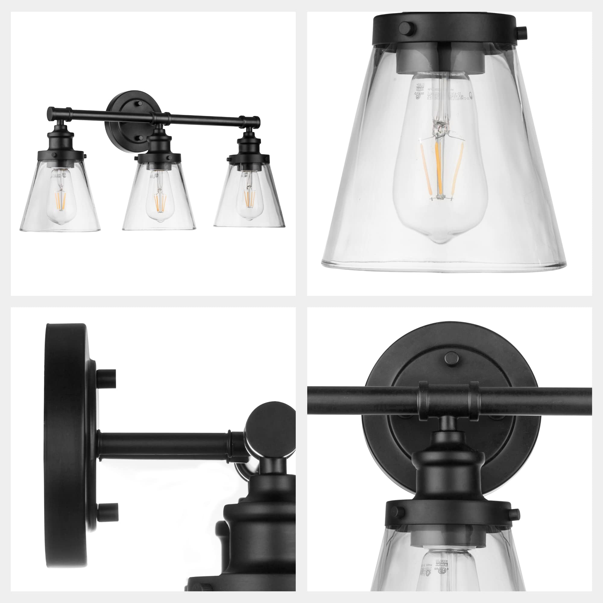 Prominence Home Helenah 3-Light Matte Black Bathroom Vanity Light Fixture with Clear Glass Shades - Modern Lighting for Bathroom, Powder Room & Dressing Area (Model 51562-01)