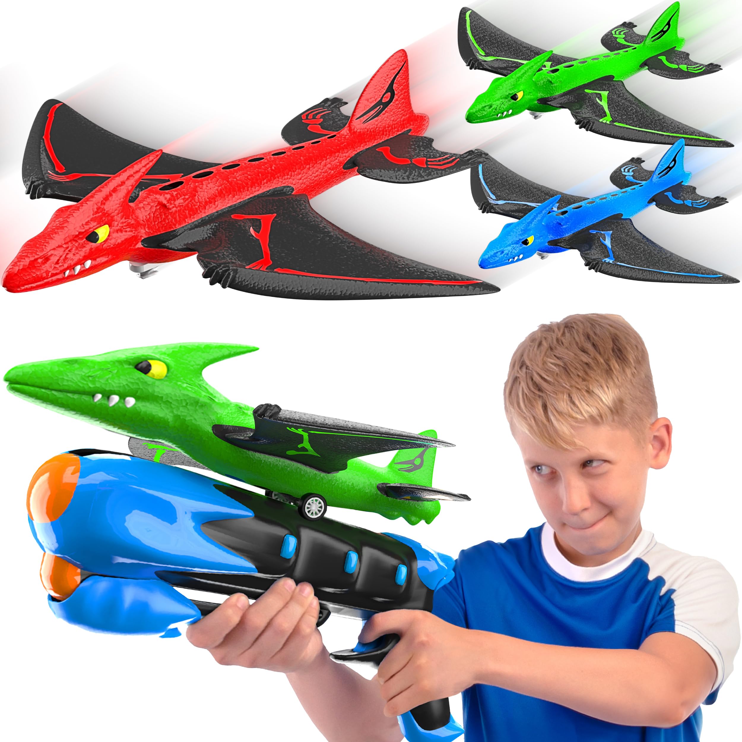 MindSprout Dino Launchers - STEM Airplane Toys for Kids Ages 3-7 - Outdoor & Indoor Flying Dinosaur Launcher Toy for Boys & Girls - Perfect for Backyard Play, Birthday Gifts & Family Fun Activities