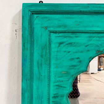 Handmade Indian Wood Carved Wall Mirror Frame with Green Accents - 80x50x150cm - Boho Home Decor for Living Room, Bedroom & Entryway