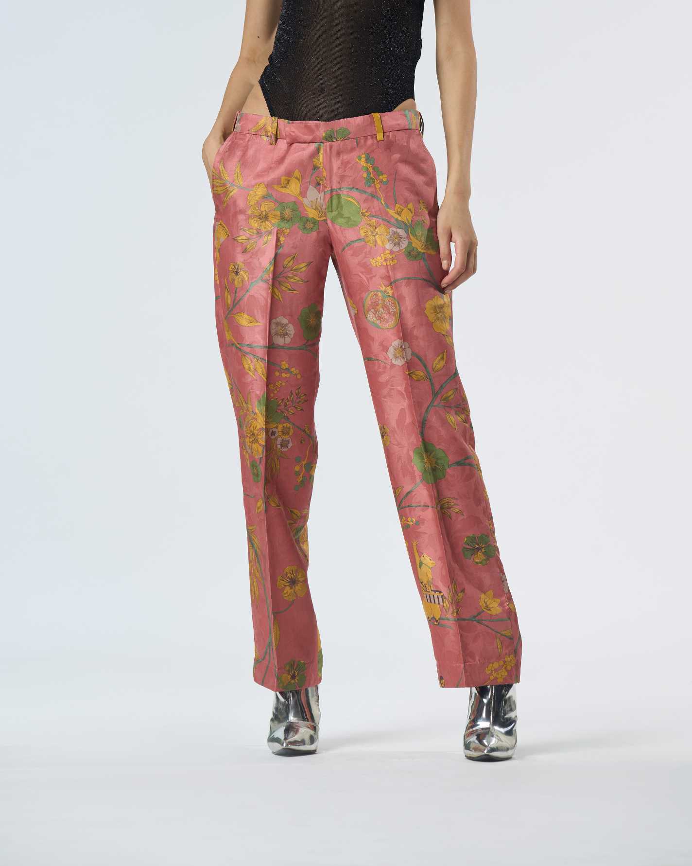 Straight Fit Silk Damask Rose Trousers for Women - Elegant Formal Pants for Office Wear & Special Occasions