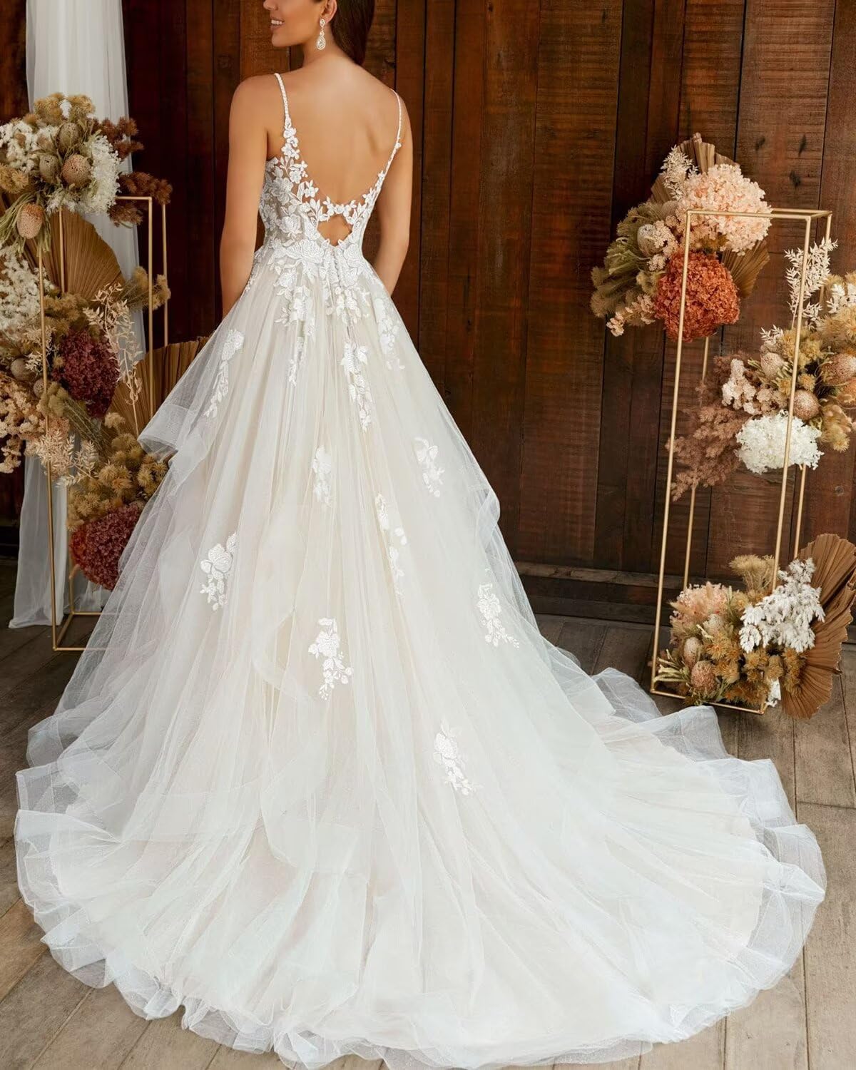 Elegant A-Line Lace Applique Wedding Dress for Bride | Long Tulle Bridal Gown | Perfect for Church, Beach, and Formal Weddings