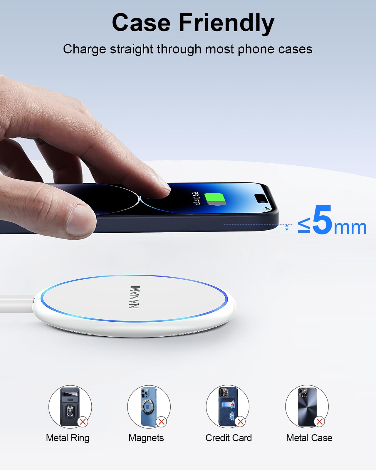 NANAMI 7.5W Qi-Certified Fast Wireless Charger with PD3.0 Adapter - Compatible with iPhone 16/15/14/13/12/SE/11 Pro/XS, AirPods 2 & 10W Fast Charging for Samsung Galaxy S25/S24/S23/S22/S21/S20 - Perfect for Home, Office & Travel Charging