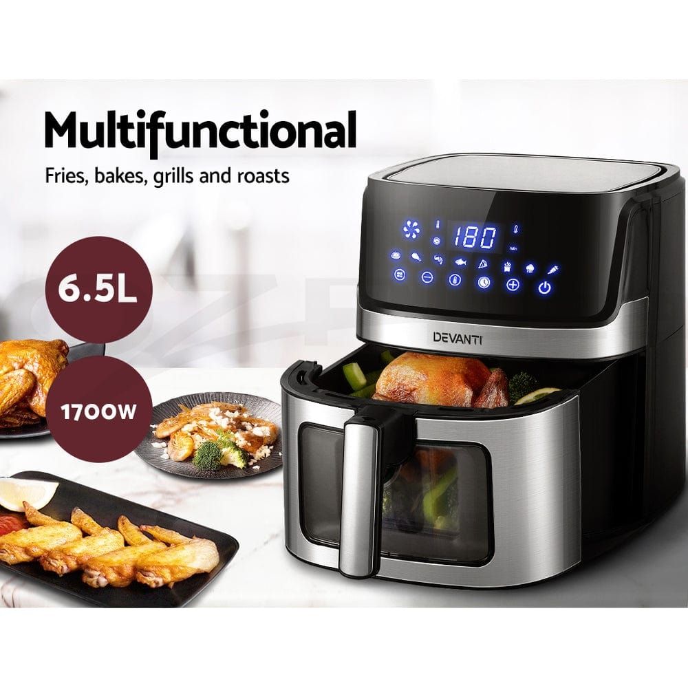 Devanti 6.5L Digital Air Fryer with LCD Display - Oil Free Healthy Cooking, Large Capacity Airfryer Oven for Family - Perfect for Frying, Baking, Roasting & Reheating Food in Your Kitchen