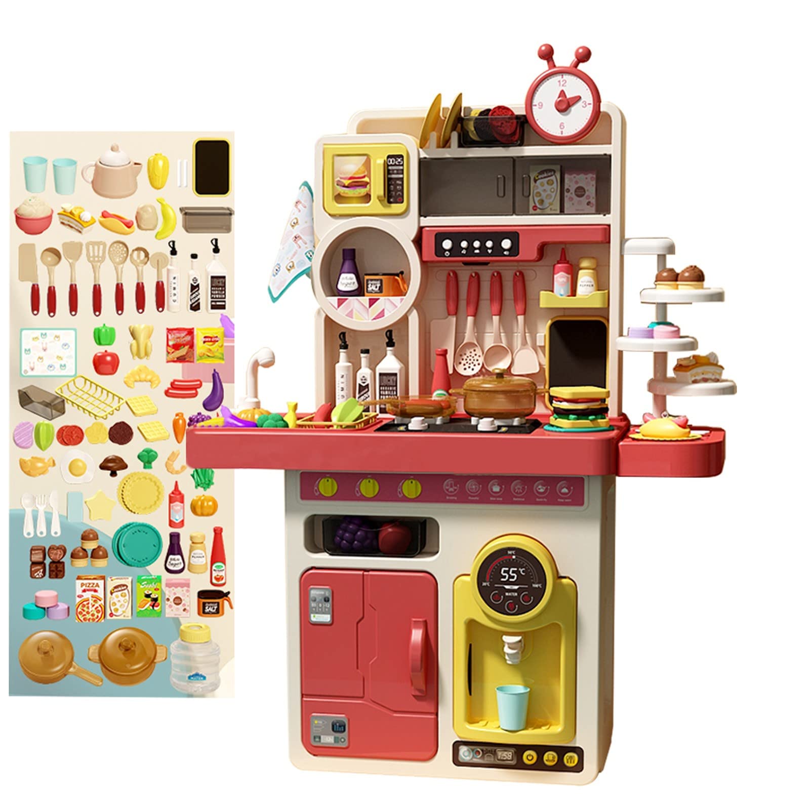 Pink 89-Piece Kids Kitchen Play Set - Pretend Cooking Toys for Toddlers & Children with Water Dispenser, Pots, Utensils & Range Hood | STEM Learning, Role Play & Indoor Fun