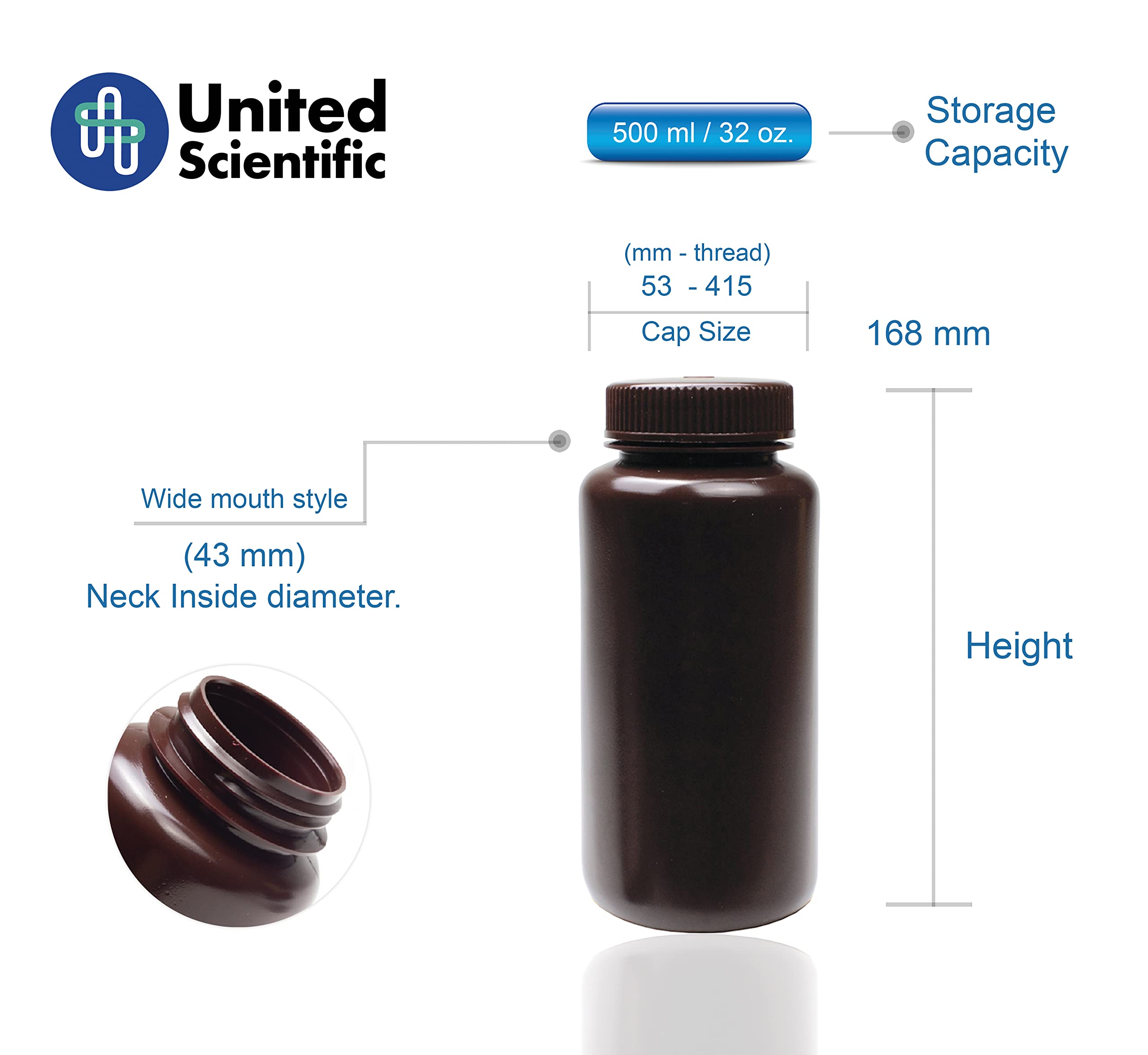 Amber HDPE Wide Mouth Reagent Bottles 16oz (500mL) - 12 Pack Chemical Sample Containers with Lids | Laboratory, Home Science Experiments, DIY Storage & Industrial Use