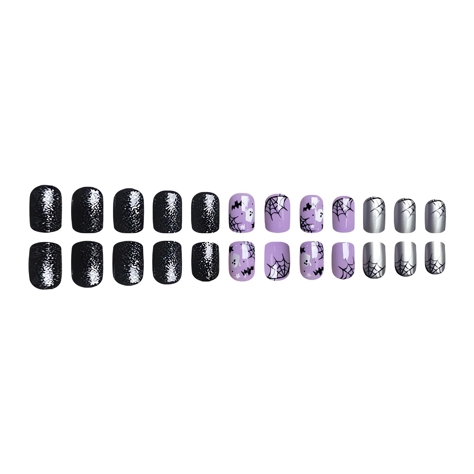 24Pcs Halloween Press On Nails Short Square - Black Purple Fake Nails with Ghost Bat Spider Web Designs | Full Cover Glue On Nails for Women | Perfect for Halloween Parties, Costume Events & Nail Decorations