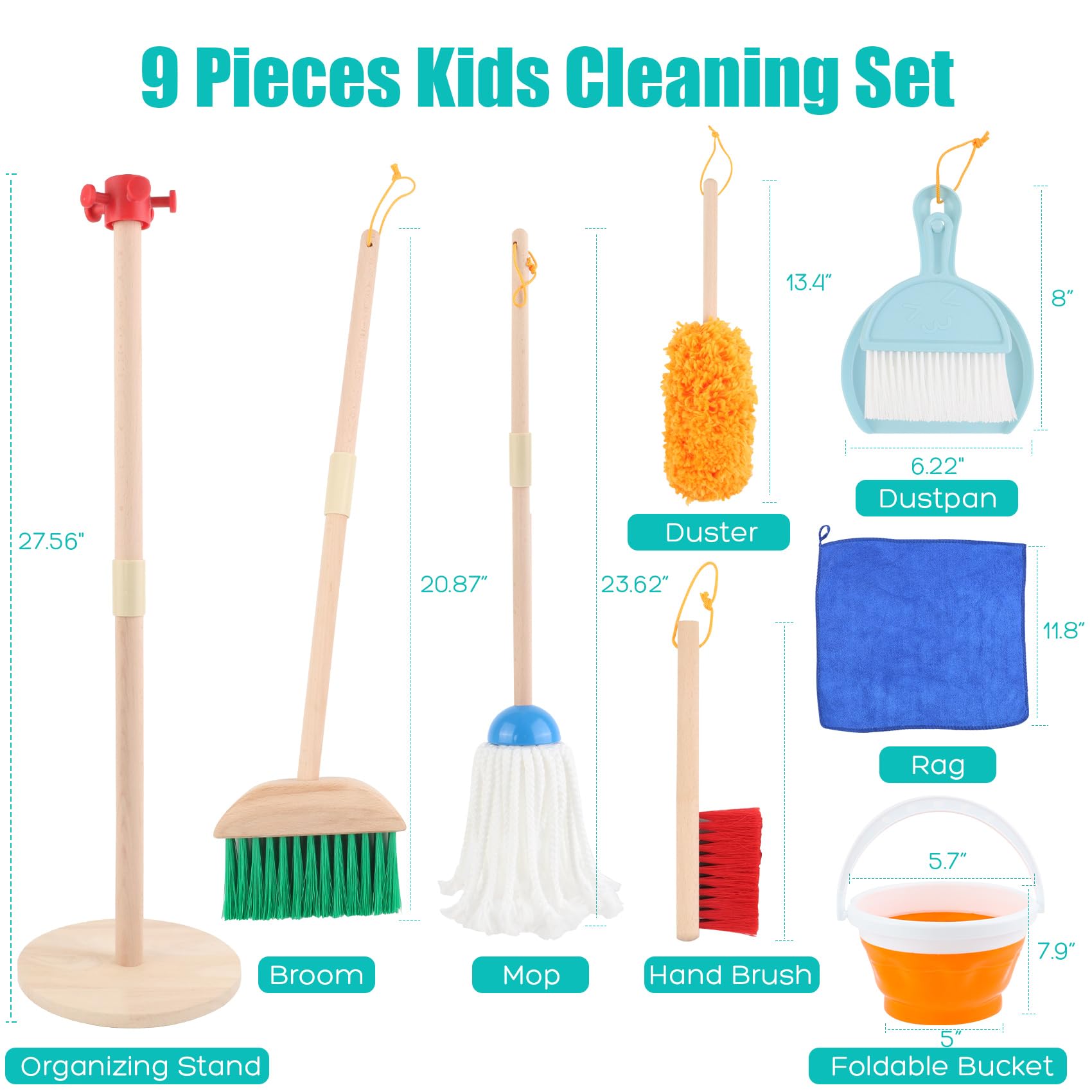 Wooden Kids Cleaning Toy Set - Pretend Play Broom, Dustpan & Mop for Toddlers 3+ Years Old - 9-Piece Learning Housekeeping Kit for Boys & Girls - Perfect Birthday Gift & Preschool Educational Activity - Ideal for Role Play, Montessori Learning & Early Childhood Development