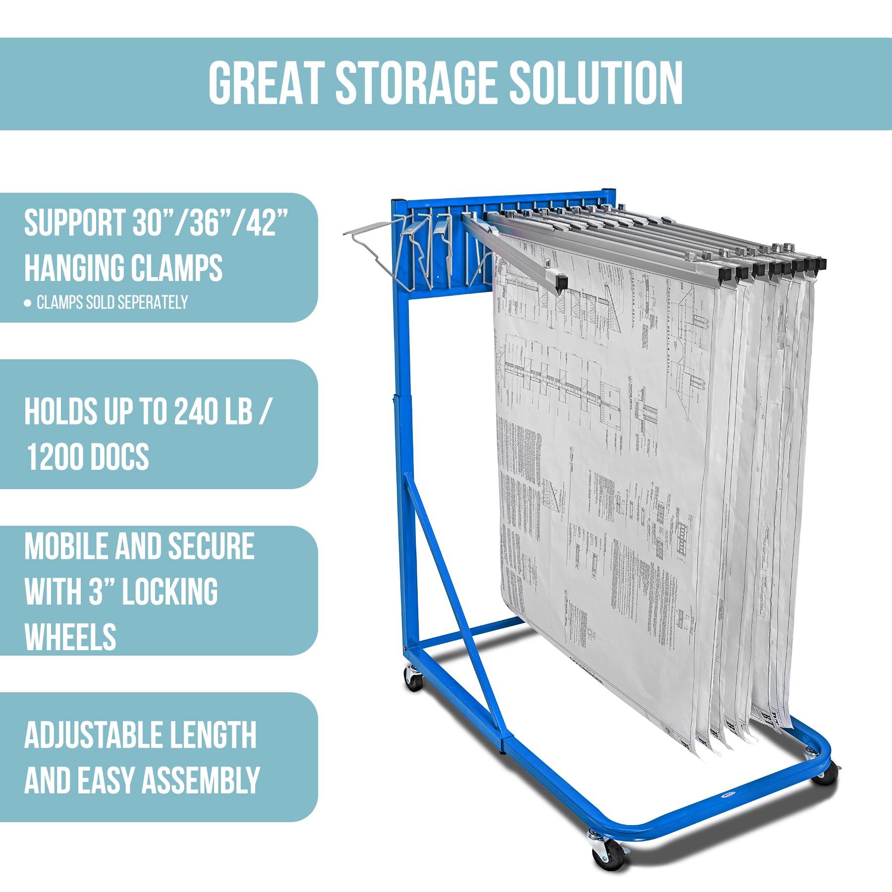 Adir Mobile Blueprint Holder - Heavy Duty Construction Plan Rack, Wall Mounted Map Organizer & Poster Display Stand for Jobsite, Office & Home Use - Perfect for Architects, Engineers & Contractors (Without Clamps)