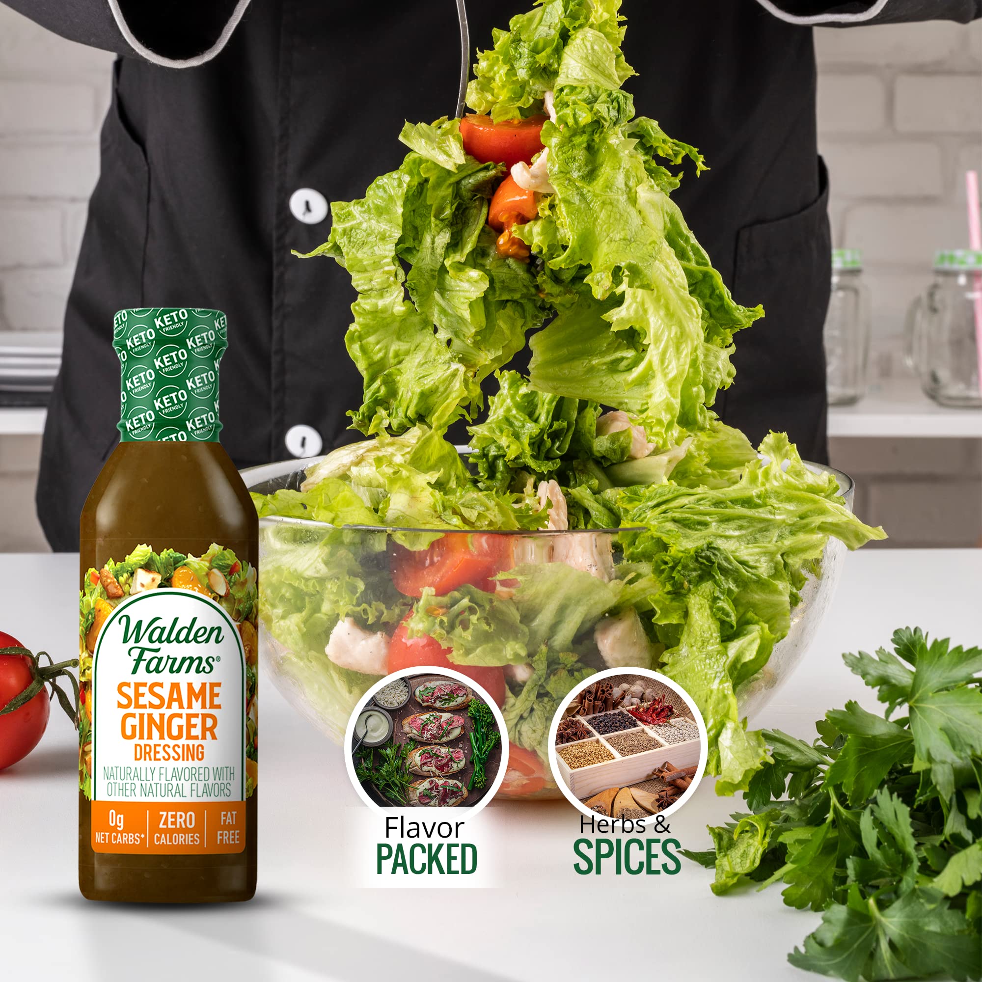 Walden Farms Sesame Ginger Salad Dressing - 12 Fl Oz (Pack of 1) | Sugar Free, Gluten Free, Vegan | Perfect for Salads, Marinades & Dipping Sauces
