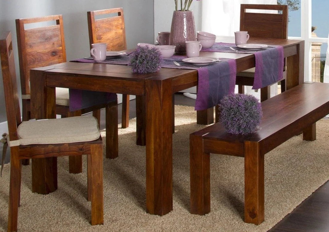 Gfine 6-Seater Solid Sheesham Wood Dining Table Set with 4 Chairs & Bench - Perfect for Family Meals, Dinner Parties & Cozy Kitchen Gatherings
