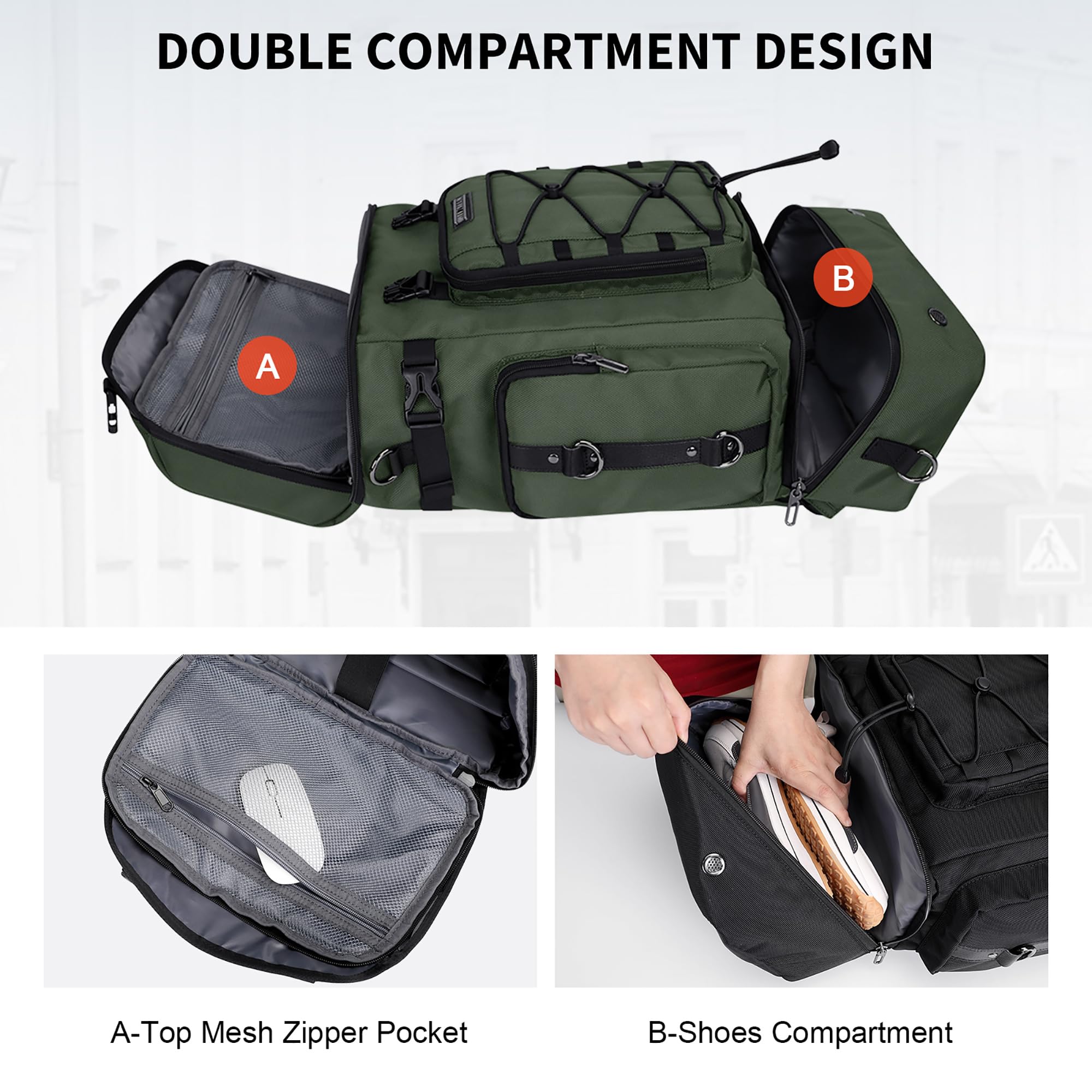 WITZMAN Travel Backpack for Men & Women - Airline Approved Carry On Backpack with Shoe Compartment & Convertible Duffle Design (B691 Light Green) - Perfect for Business Trips, Weekend Getaways & Gym Use