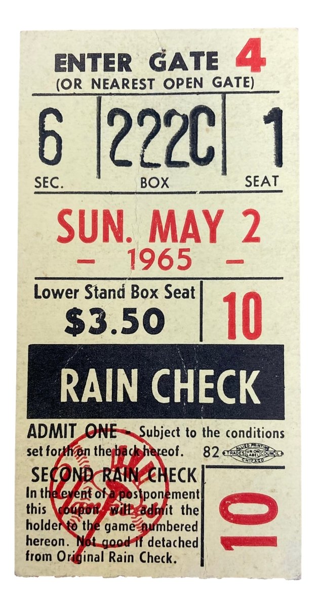 Vintage New York Yankees May 2, 1965 Rain Check Ticket Stub - Rare Baseball Memorabilia for Collectors & Fans - Perfect for Sports Memorabilia Displays & Yankee Stadium History Enthusiasts