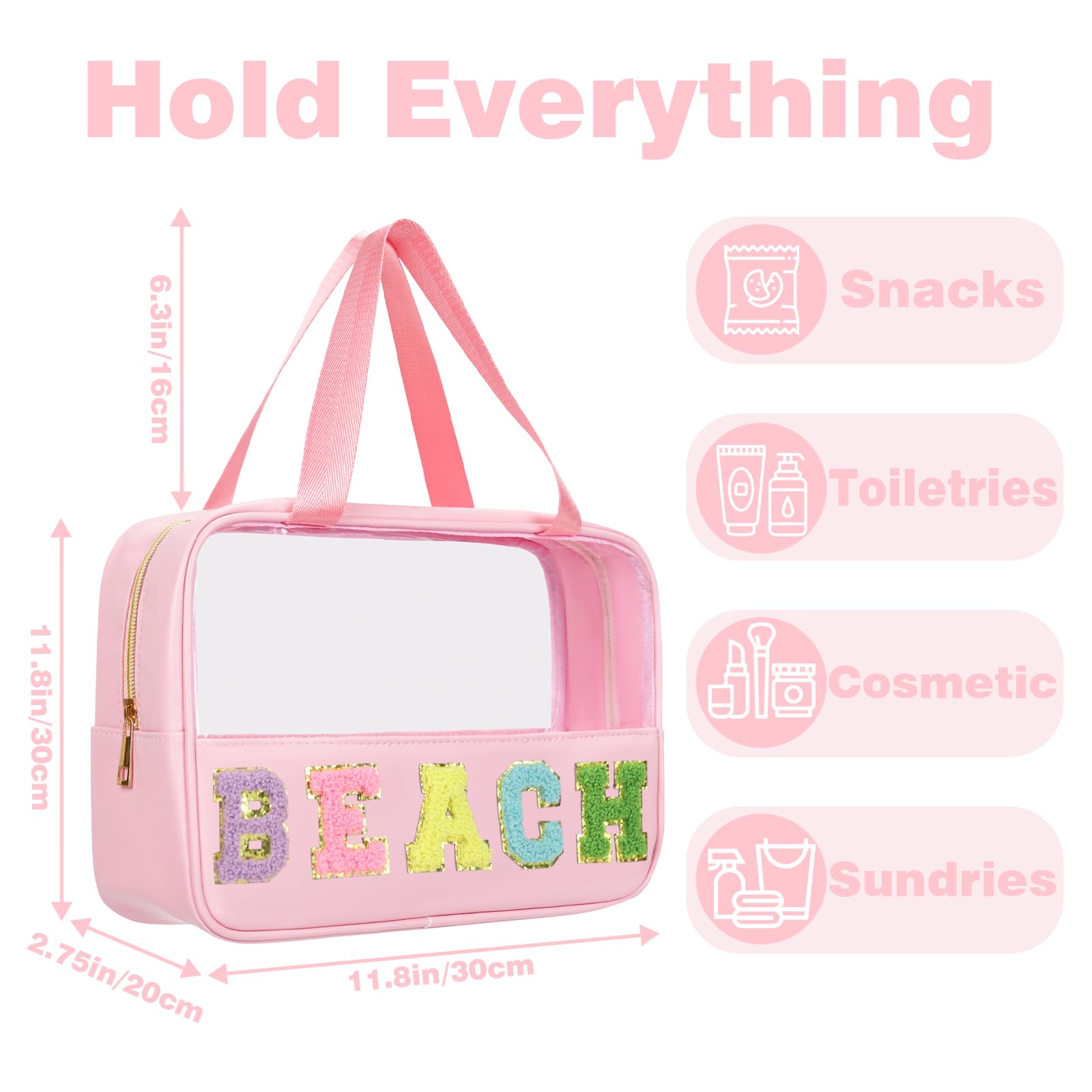Chenille Letter Clear Beach Bag - Travel Toiletry Pouch for Sunscreen & Cosmetics (Rose) - Perfect for Vacation & Pool Days
